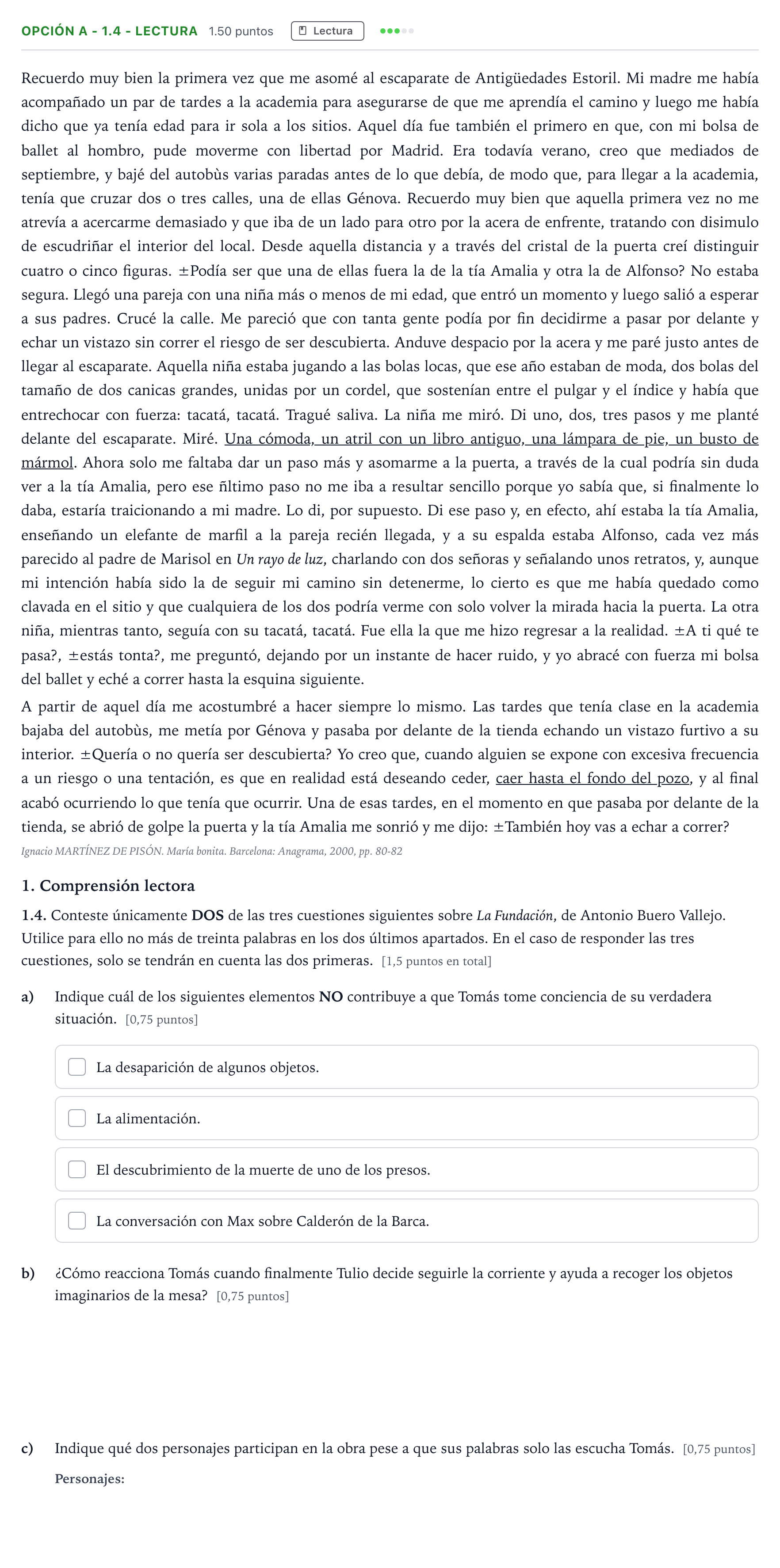 Enunciado: Opción A - 1.4 - Lectura · Lengua Castellana y Literatura II Selectividad Cataluña Juliol Serie 2 2022