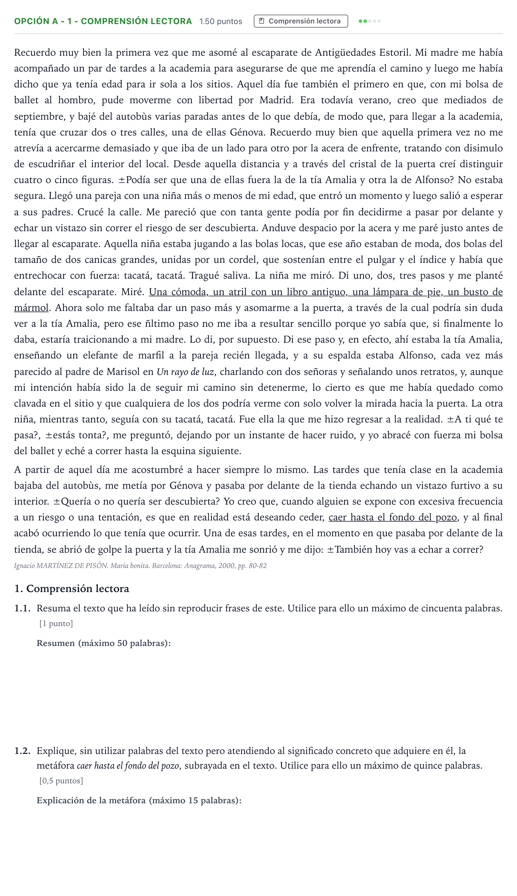 Enunciado: Opción A - 1 - Comprensión lectora · Lengua Castellana y Literatura II Selectividad Cataluña Juliol Serie 2 2022