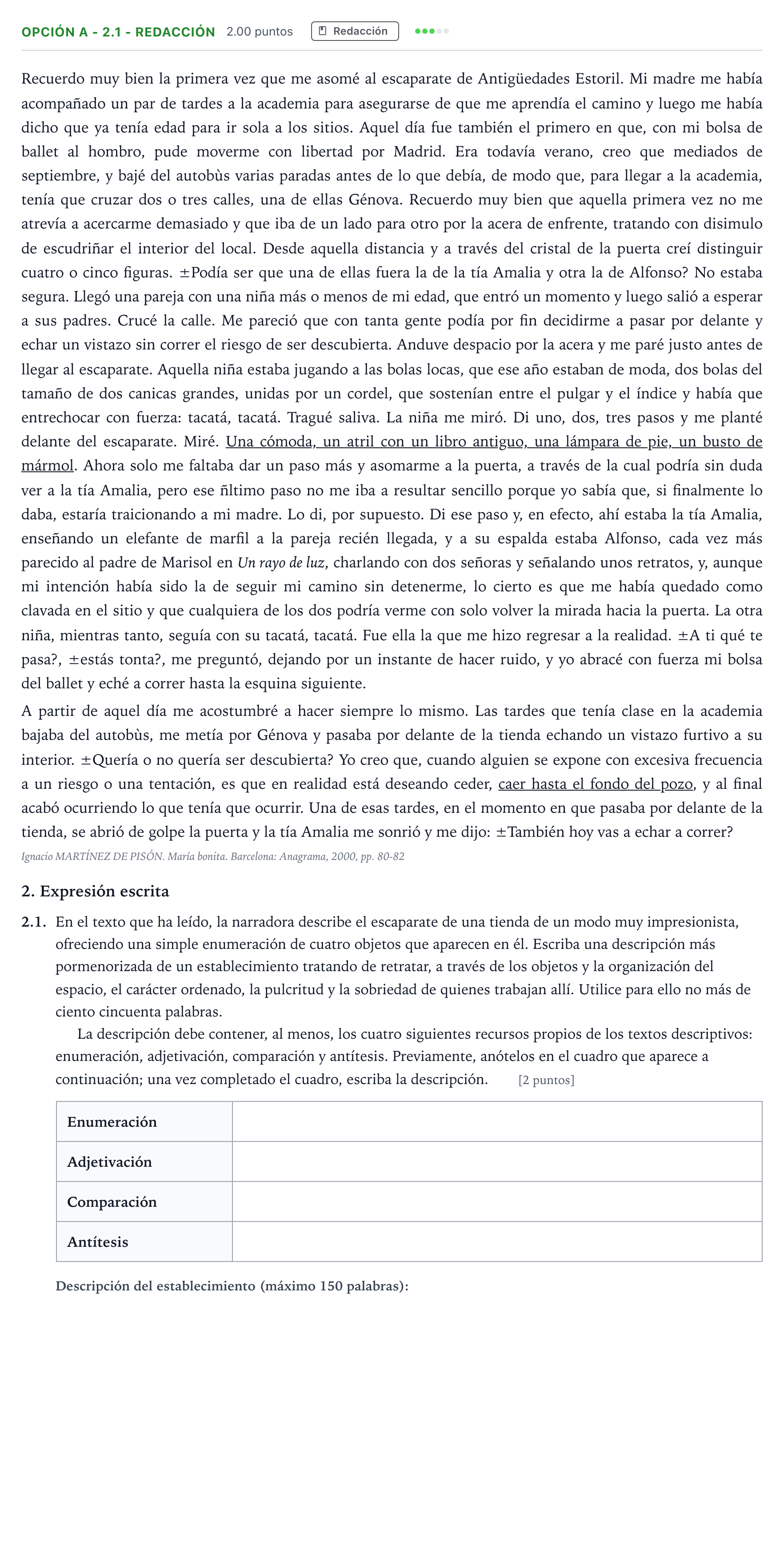 Enunciado: Opción A - 2.1 - Redacción · Lengua Castellana y Literatura II Selectividad Cataluña Juliol Serie 2 2022
