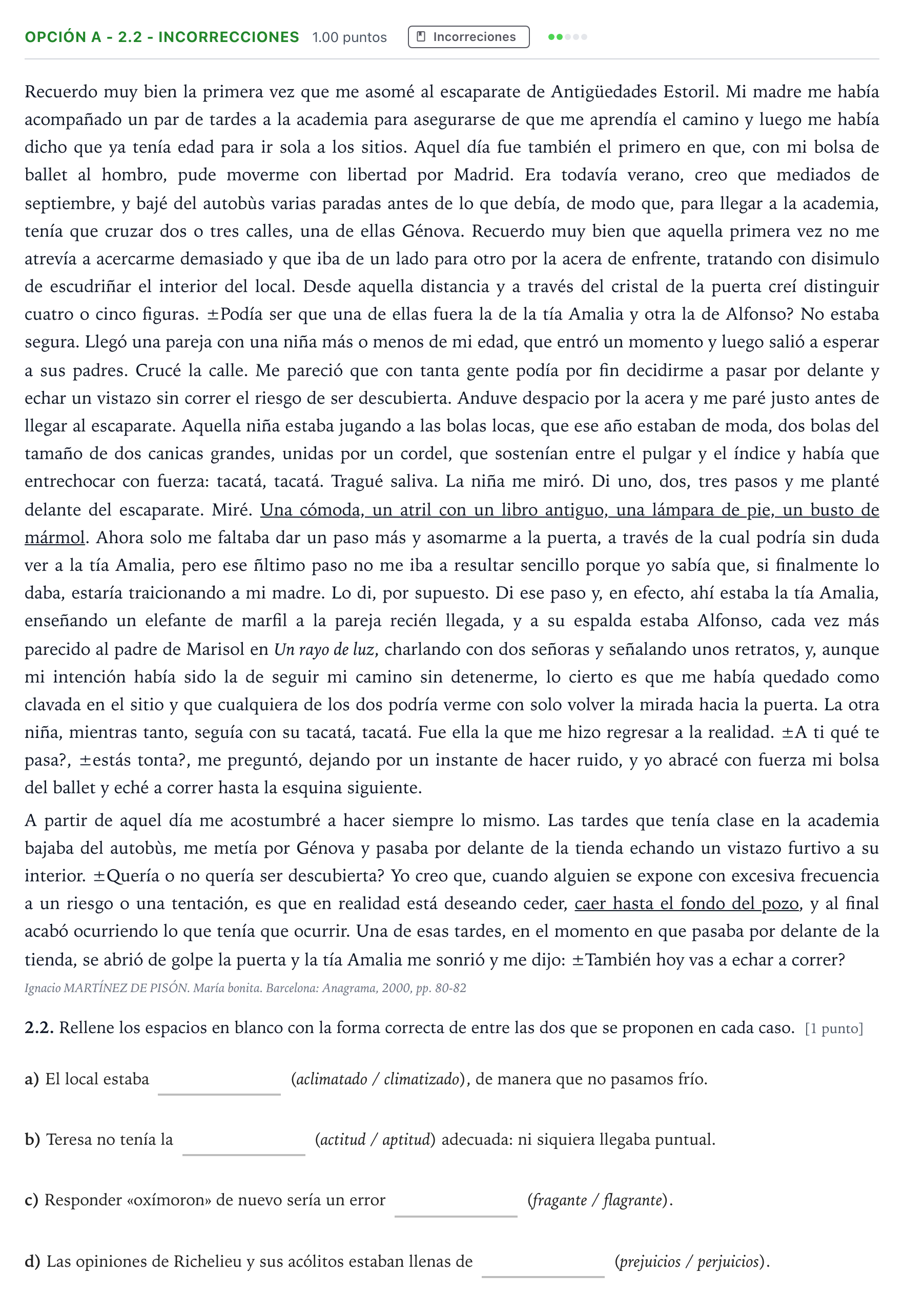 Enunciado: Opción A - 2.2 - Incorrecciones · Lengua Castellana y Literatura II Selectividad Cataluña Juliol Serie 2 2022