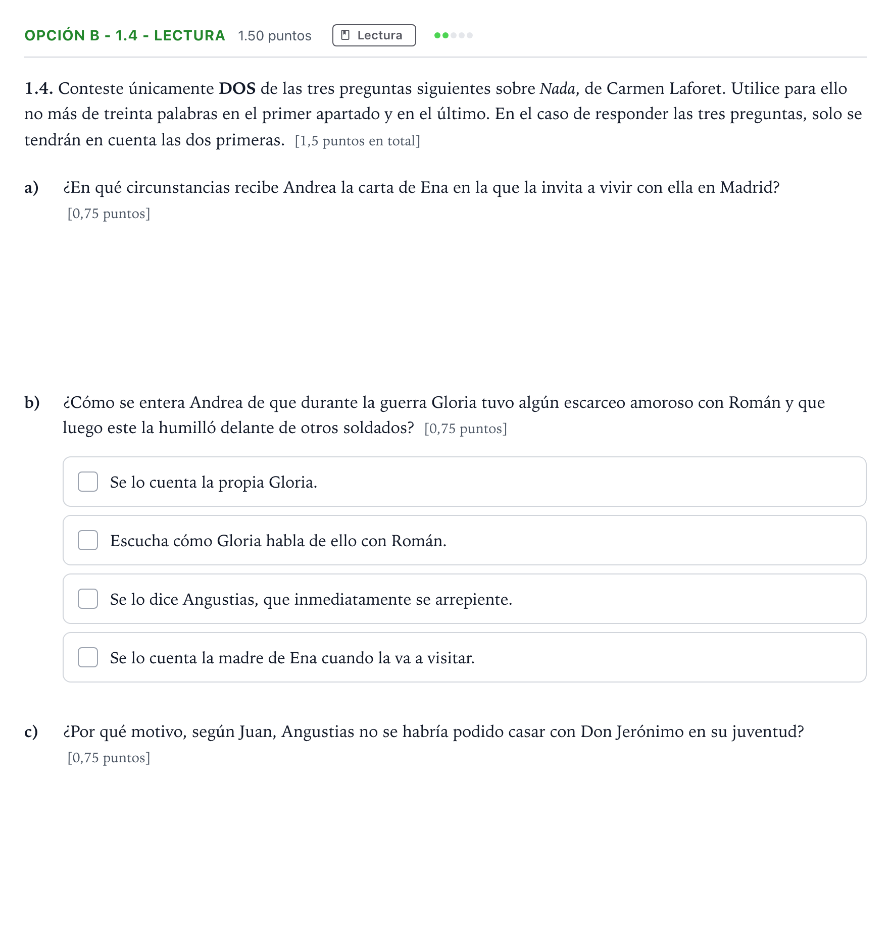 Enunciado: Opción B - 1.4 - Lectura · Lengua Castellana y Literatura II Selectividad Cataluña Juliol Serie 2 2022