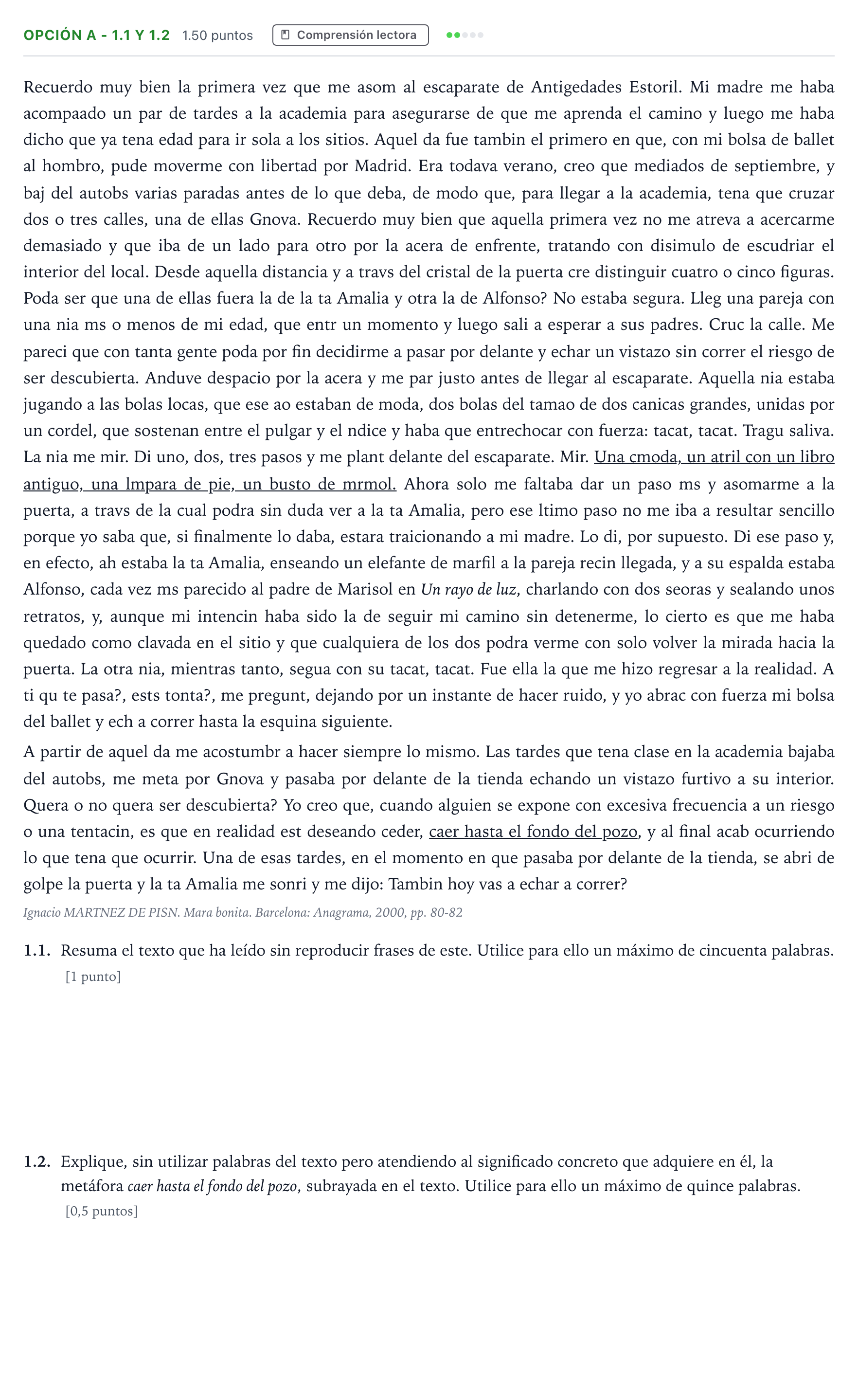 Enunciado: Opción A - 1.1 y 1.2 · Lengua Castellana y Literatura II Selectividad Cataluña Juny Serie 2 2022