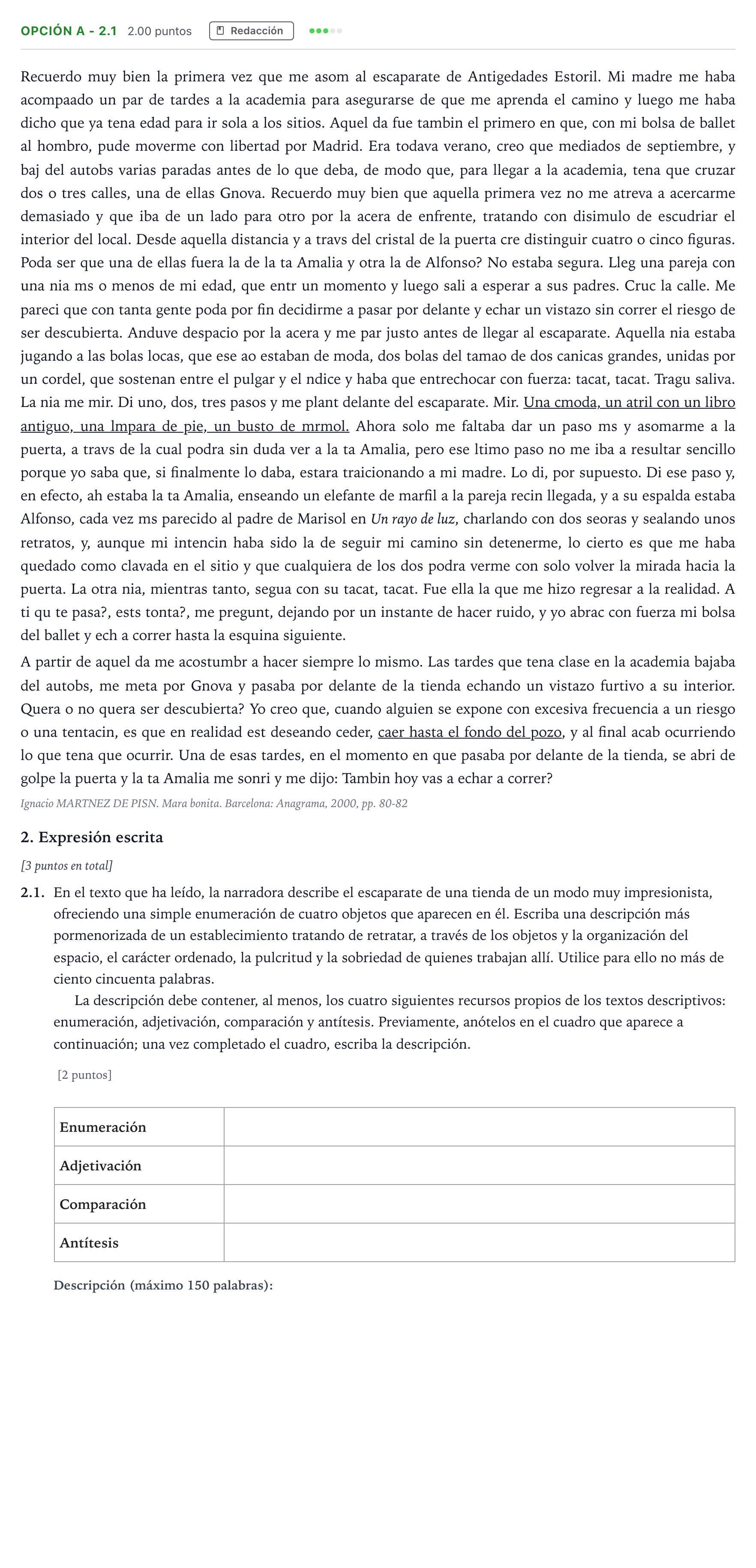 Enunciado: Opción A - 2.1 · Lengua Castellana y Literatura II Selectividad Cataluña Juny Serie 2 2022