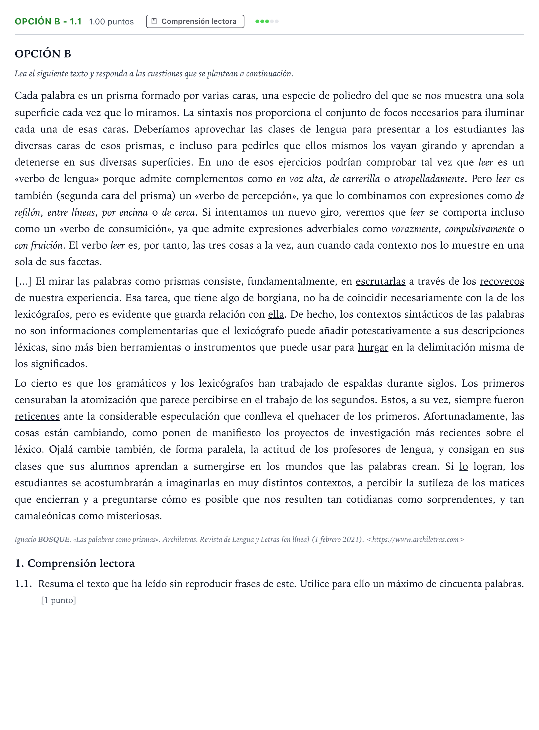 Enunciado: Opción B - 1.1 · Lengua Castellana y Literatura II Selectividad Cataluña Juny Serie 2 2022