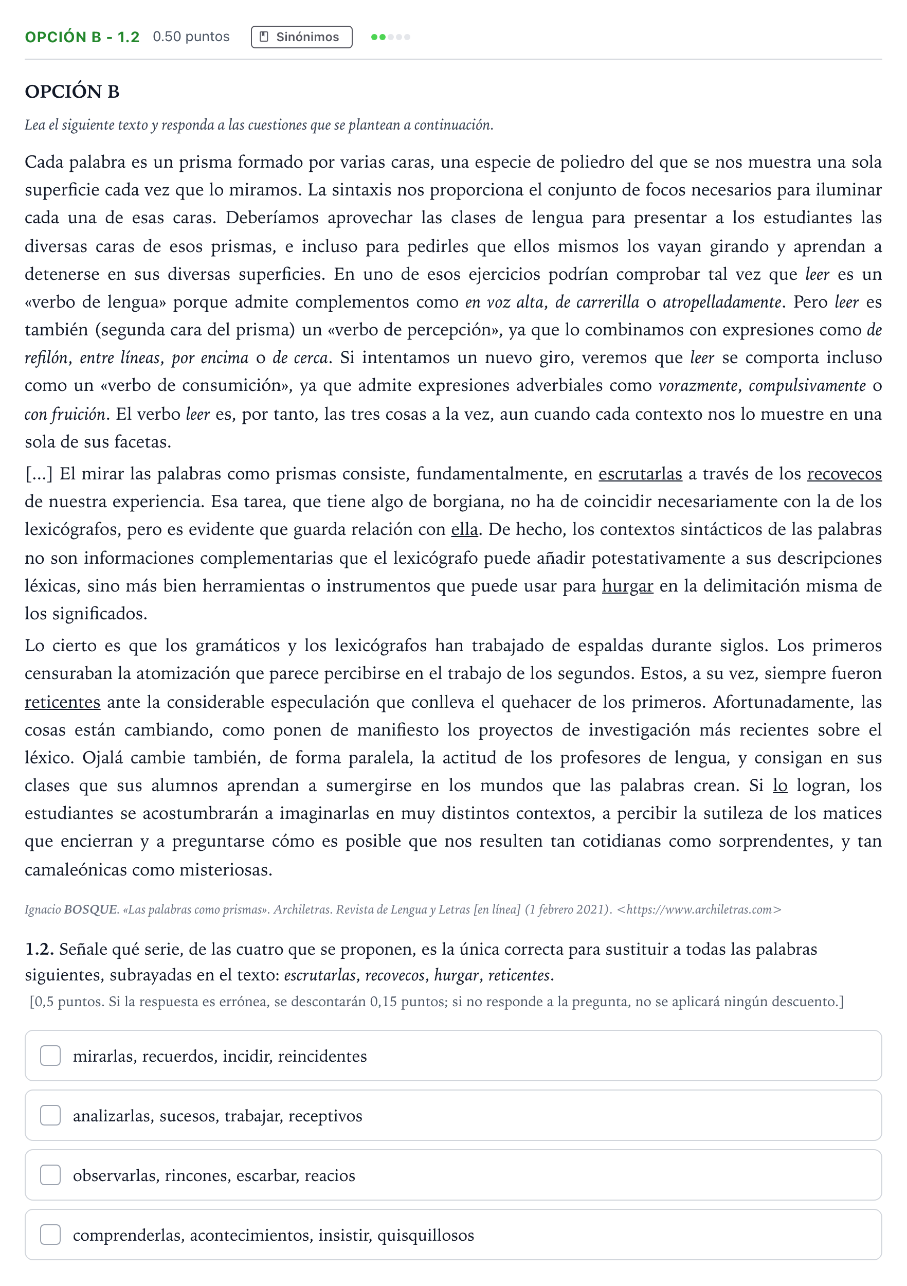 Enunciado: Opción B - 1.2 · Lengua Castellana y Literatura II Selectividad Cataluña Juny Serie 2 2022
