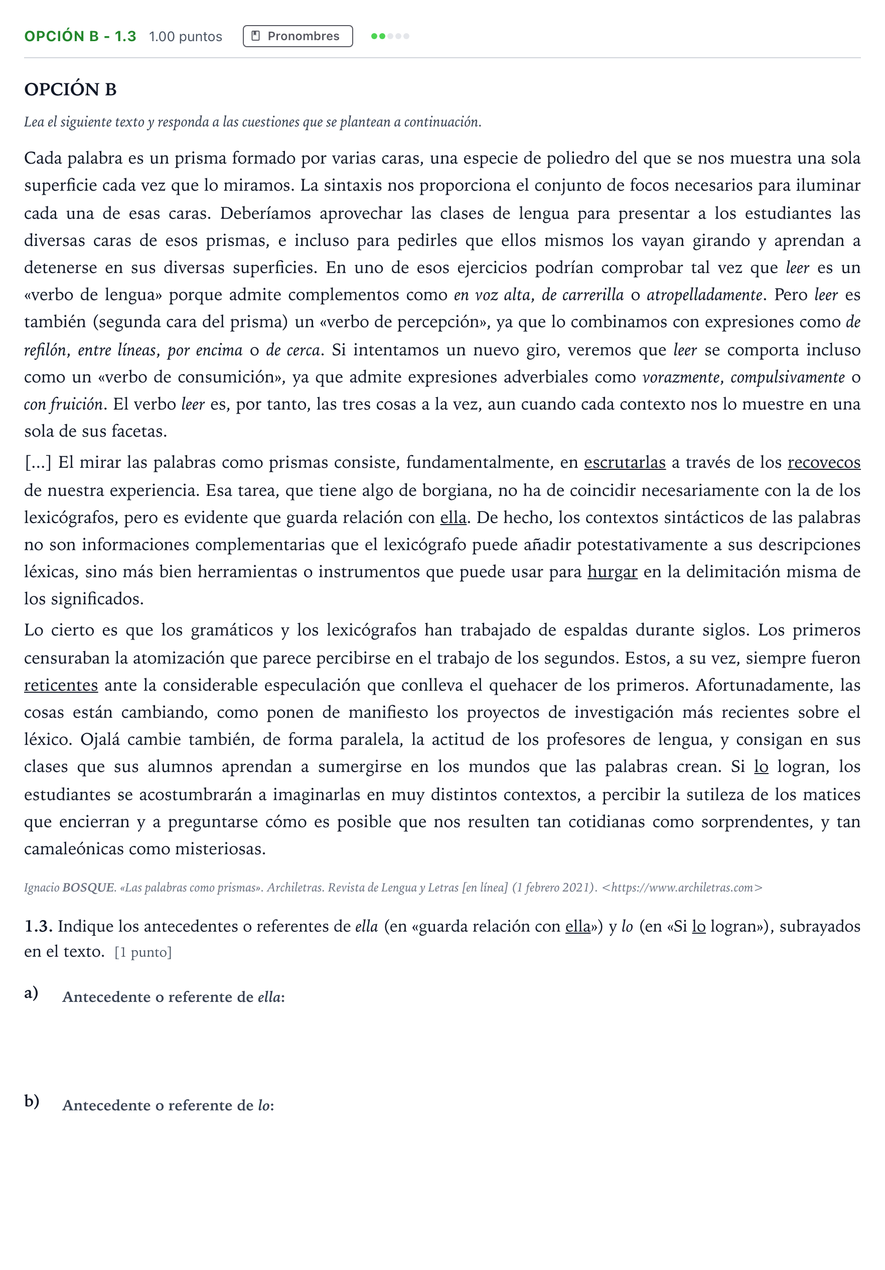 Enunciado: Opción B - 1.3 · Lengua Castellana y Literatura II Selectividad Cataluña Juny Serie 2 2022