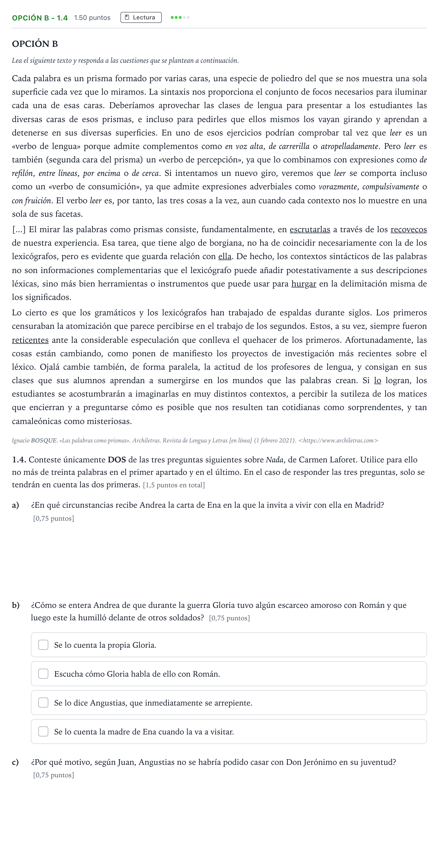 Enunciado: Opción B - 1.4 · Lengua Castellana y Literatura II Selectividad Cataluña Juny Serie 2 2022