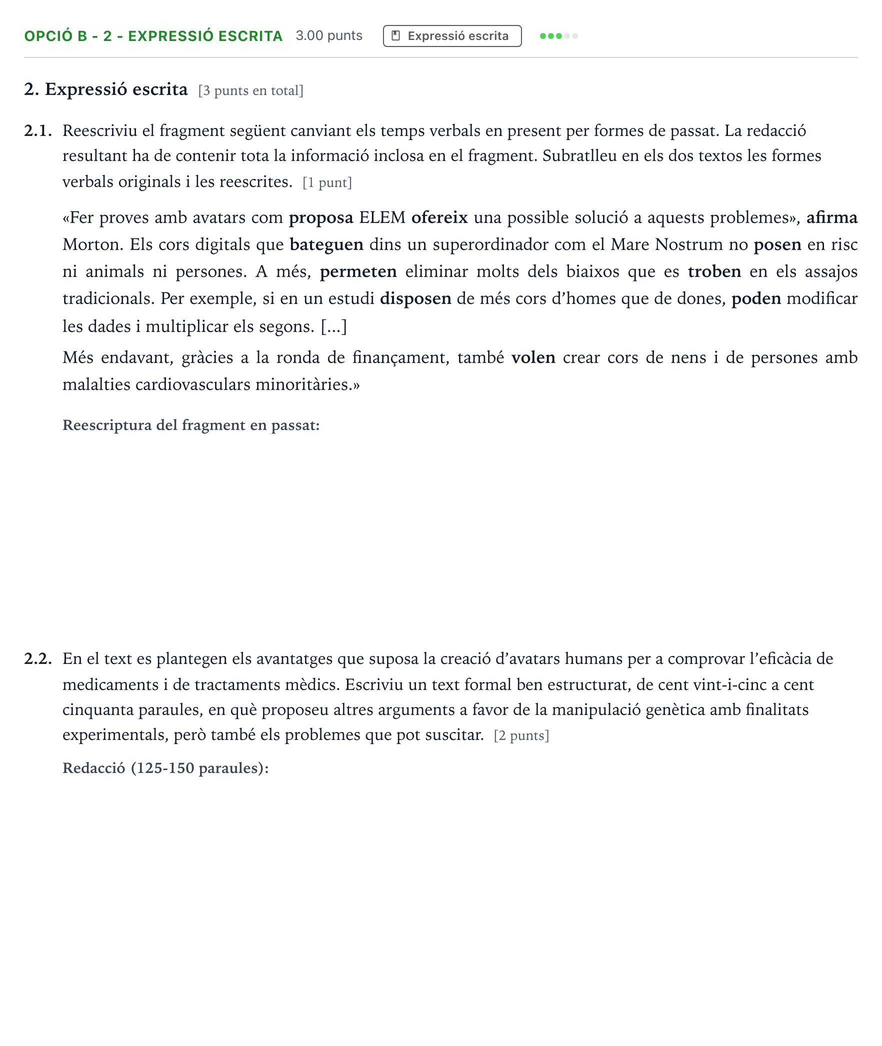 Enunciado: Ejercicio Opció B - 2 - Expressió escrita · Lengua Catalana y Literatura II Selectividad Cataluña Juny Serie 2 2022