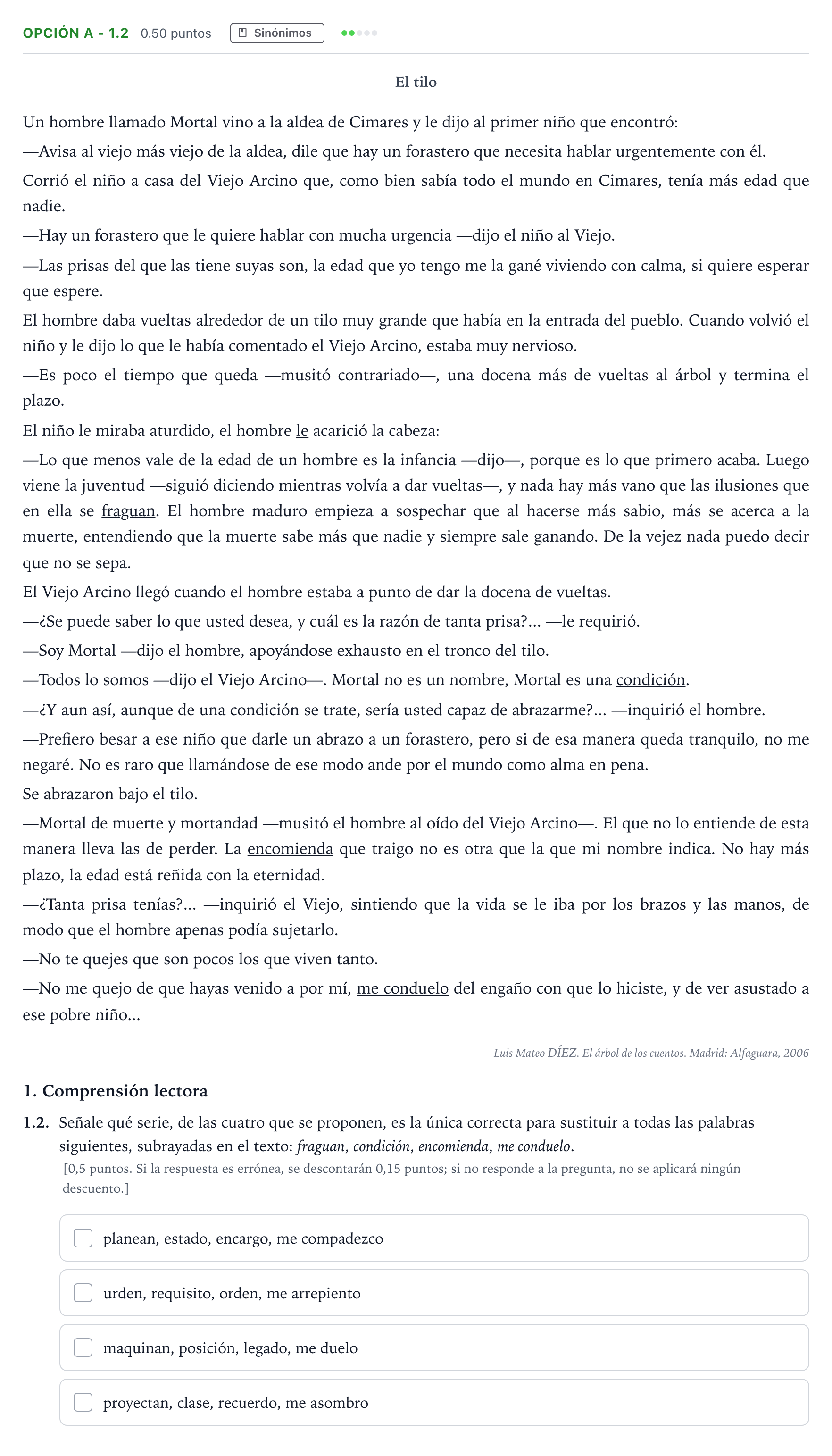 Enunciado: Opción A - 1.2 · Lengua Castellana y Literatura II Selectividad Cataluña Juny Serie 5 2022