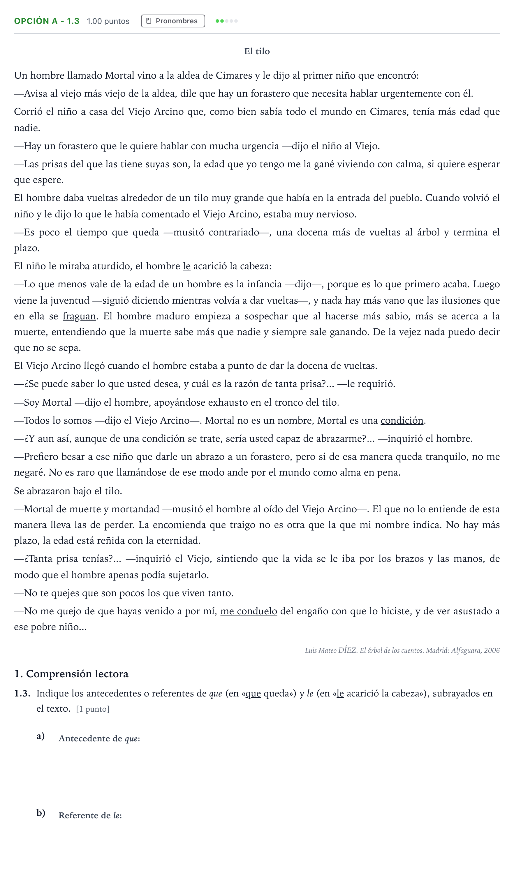 Enunciado: Opción A - 1.3 · Lengua Castellana y Literatura II Selectividad Cataluña Juny Serie 5 2022