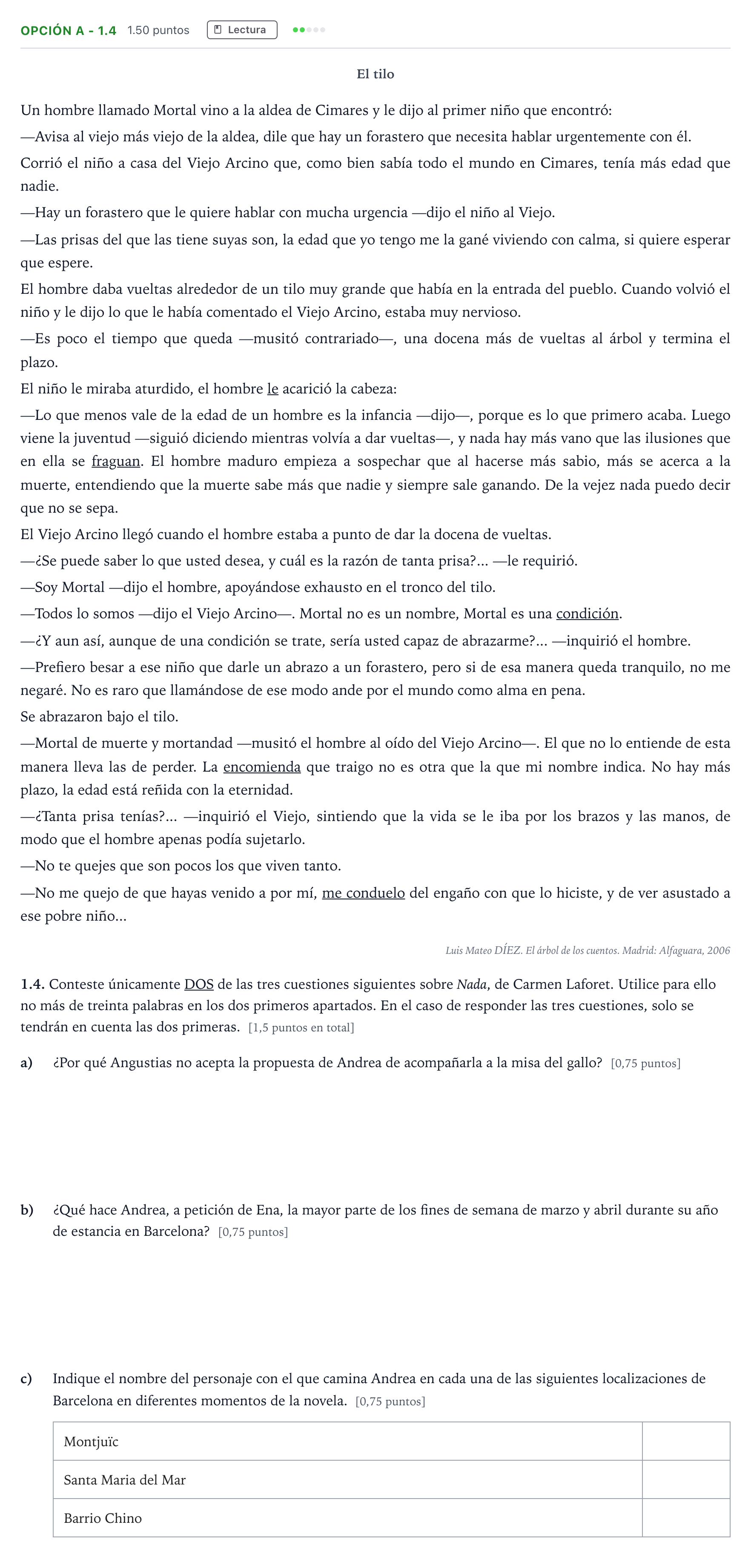 Enunciado: Opción A - 1.4 · Lengua Castellana y Literatura II Selectividad Cataluña Juny Serie 5 2022