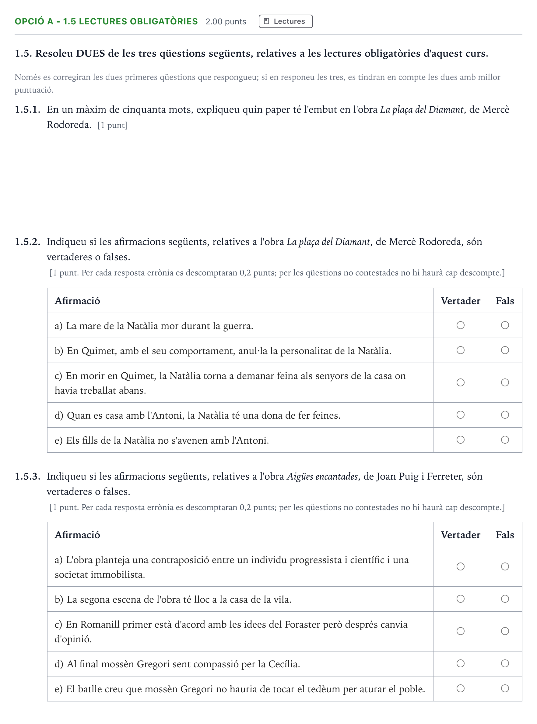 Enunciado: Ejercicio Opció A - 1.5 Lectures obligatòries · Lengua Catalana y Literatura II Selectividad Cataluña Juny Serie 5 2022