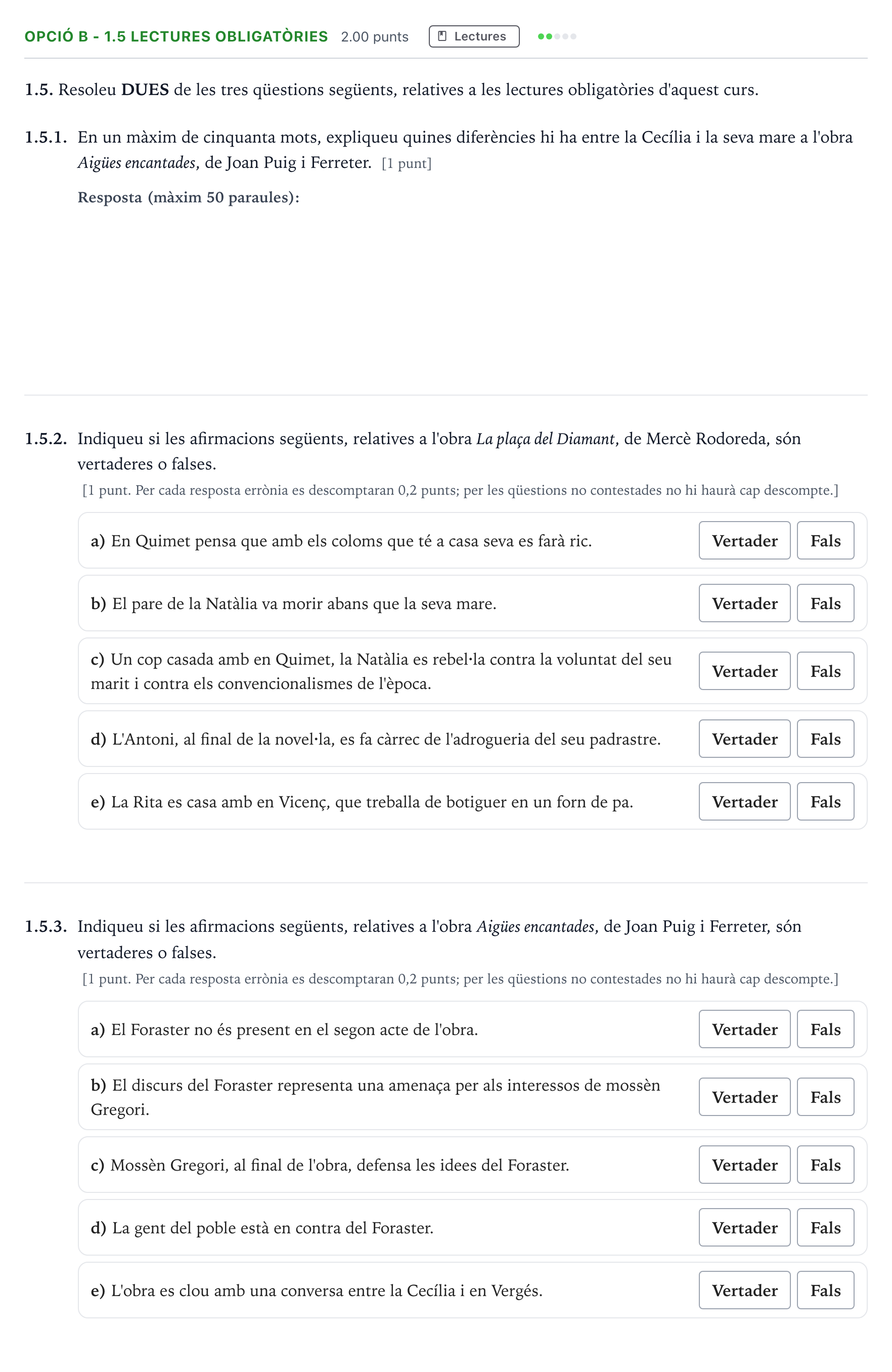 Enunciado: Ejercicio Opció B - 1.5 Lectures obligatòries · Lengua Catalana y Literatura II Selectividad Cataluña Juny Serie 5 2022