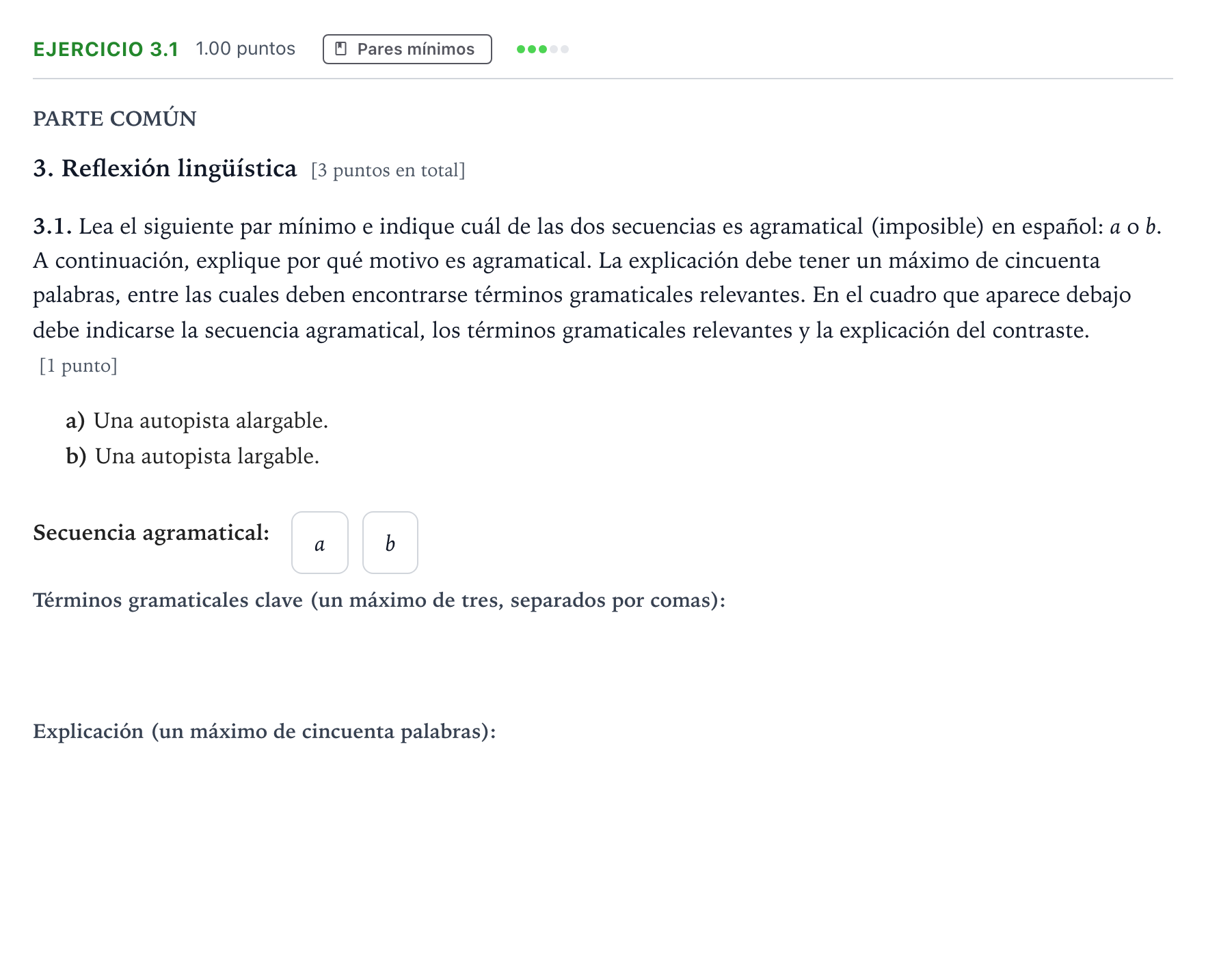 Enunciado: Ejercicio 3.1 · Lengua Castellana y Literatura II Selectividad Cataluña Setembre Serie 3 2022