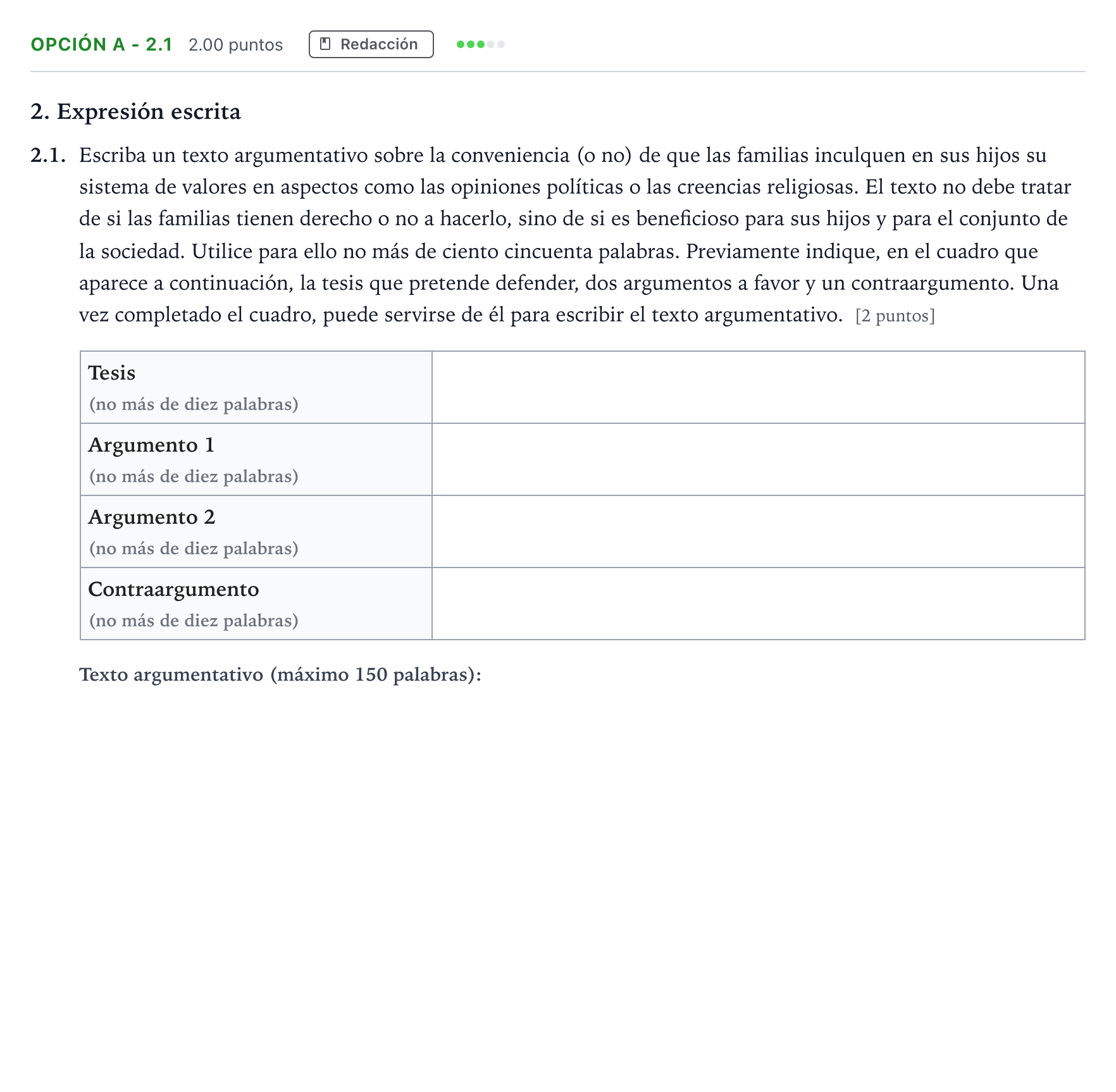 Enunciado: Opción A - 2.1 · Lengua Castellana y Literatura II Selectividad Cataluña Setembre Serie 3 2022