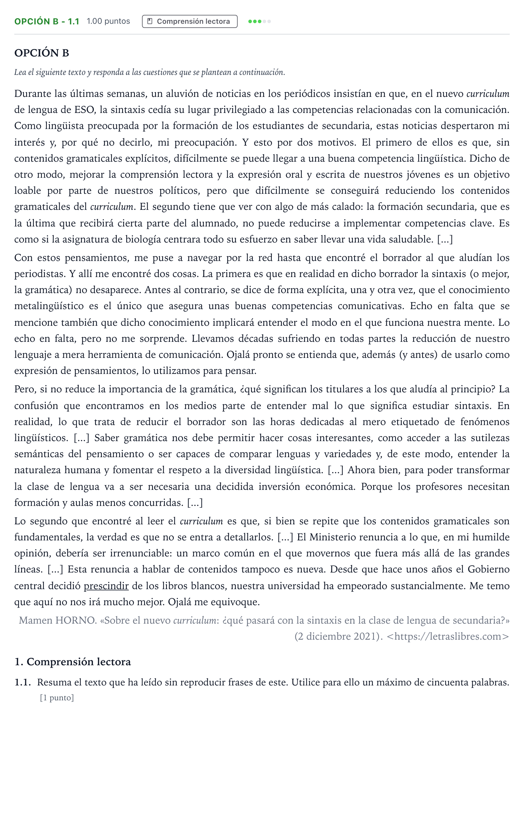 Enunciado: Opción B - 1.1 · Lengua Castellana y Literatura II Selectividad Cataluña Setembre Serie 3 2022