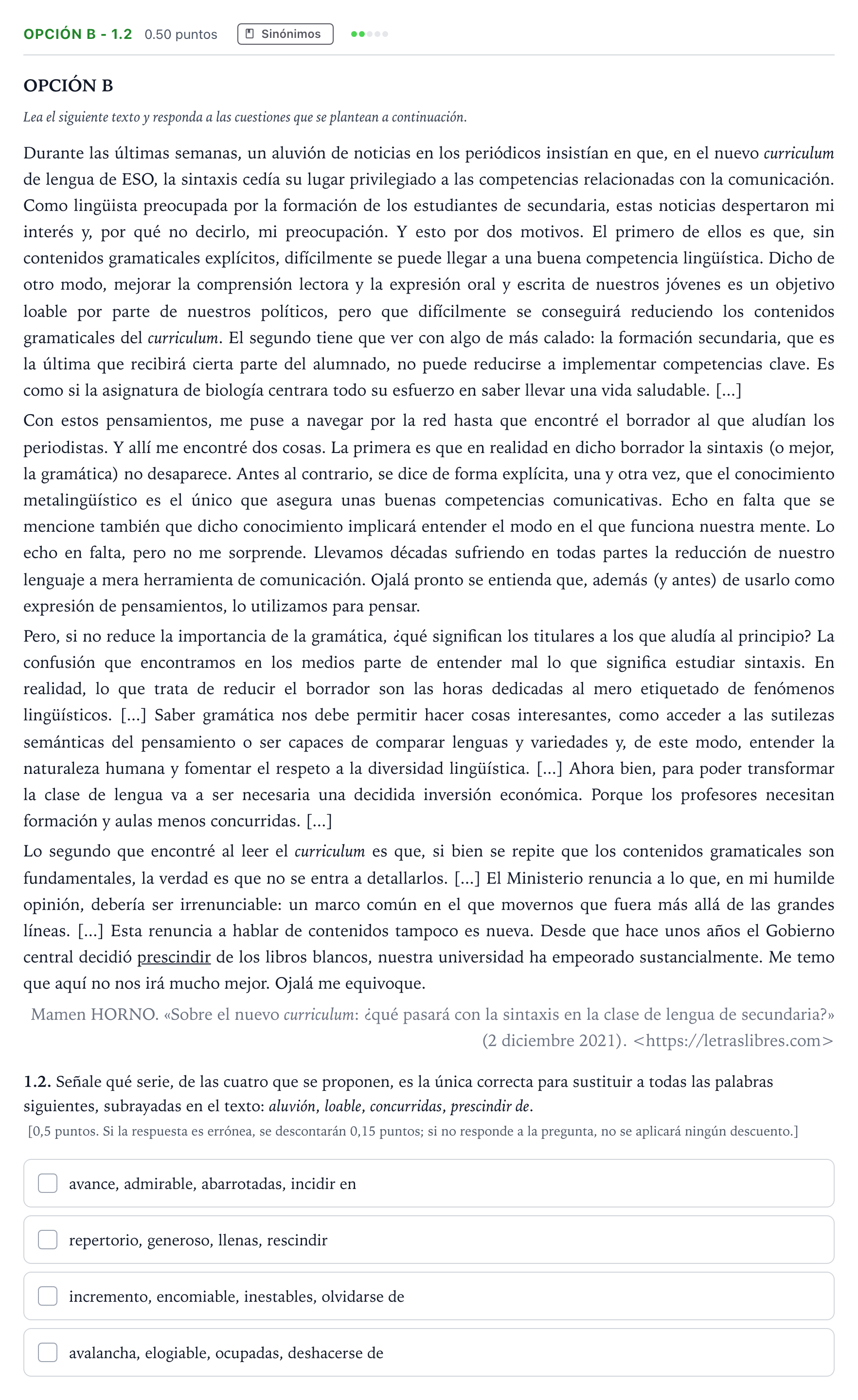 Enunciado: Opción B - 1.2 · Lengua Castellana y Literatura II Selectividad Cataluña Setembre Serie 3 2022