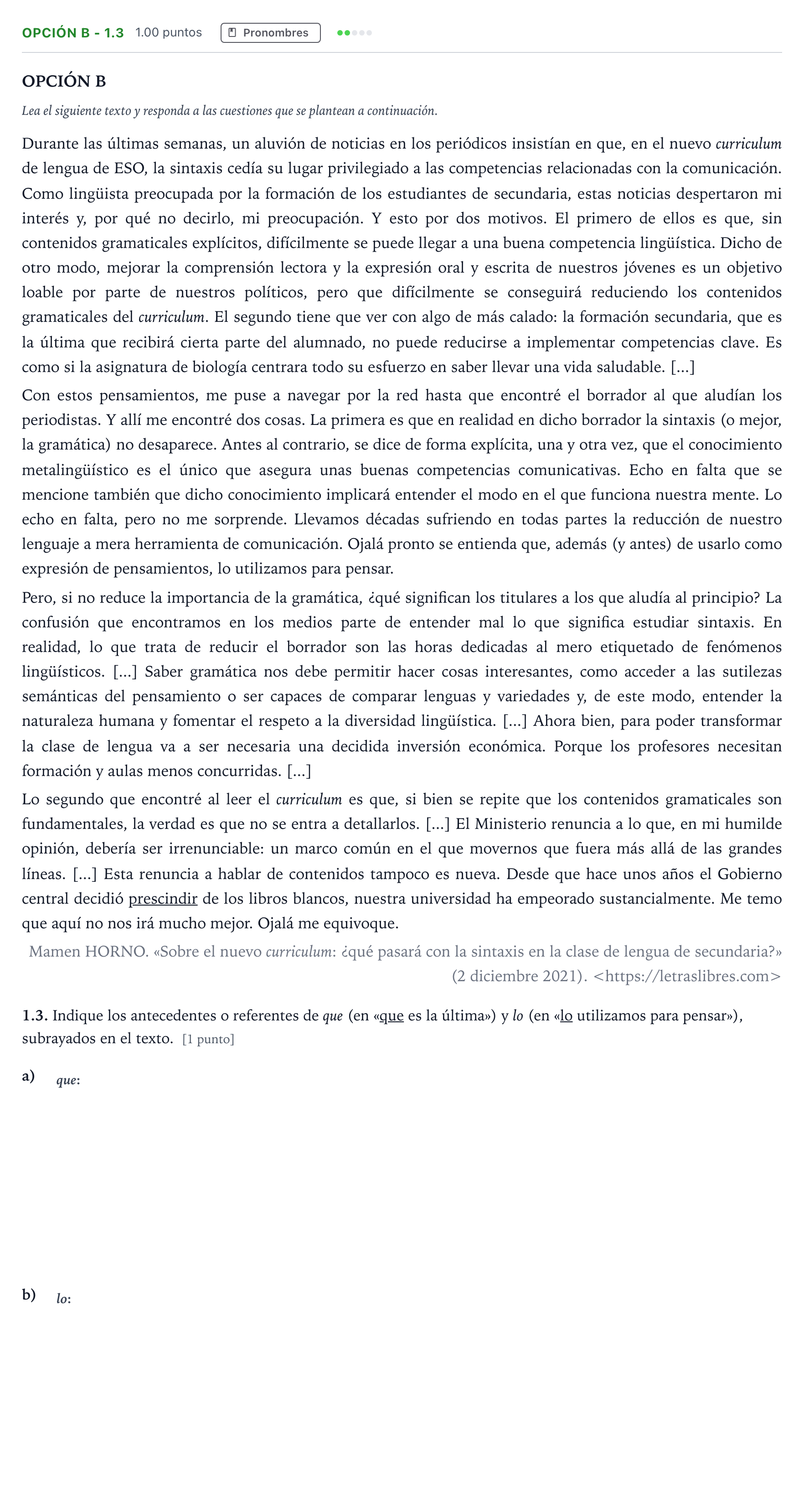 Enunciado: Opción B - 1.3 · Lengua Castellana y Literatura II Selectividad Cataluña Setembre Serie 3 2022