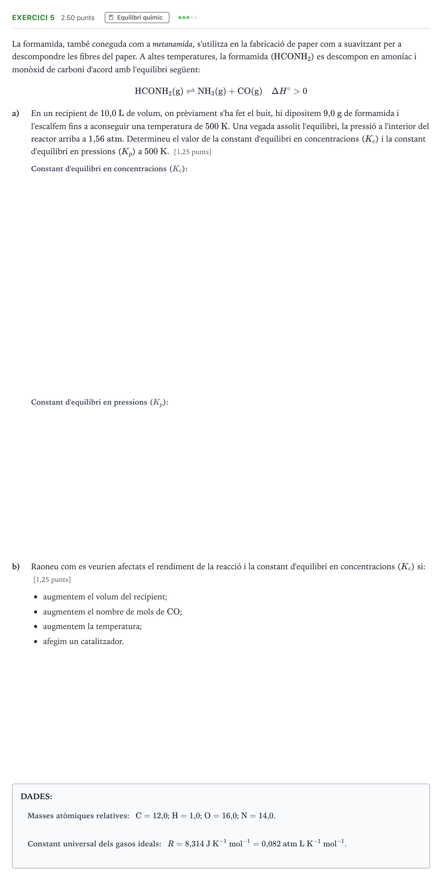 Enunciado: Problema 5 · Química Selectividad Cataluña Juny Serie 2 2022