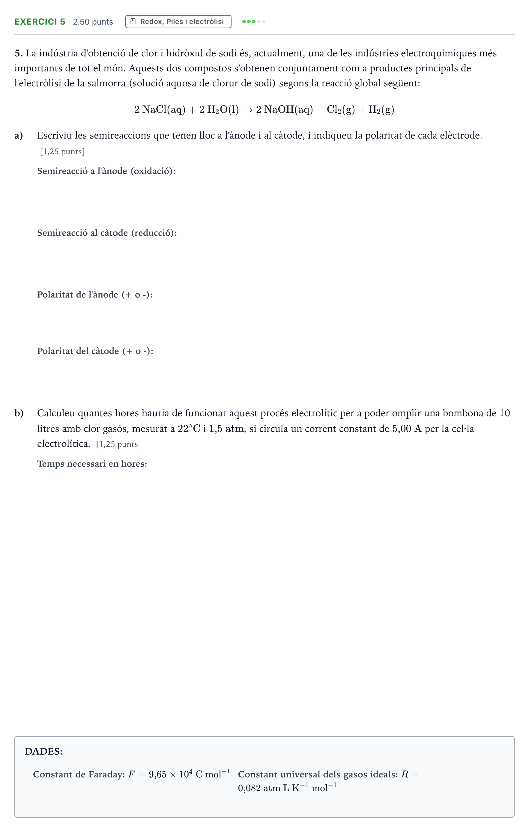 Enunciado: Problema 5 · Química Selectividad Cataluña Juny Serie 5 2022