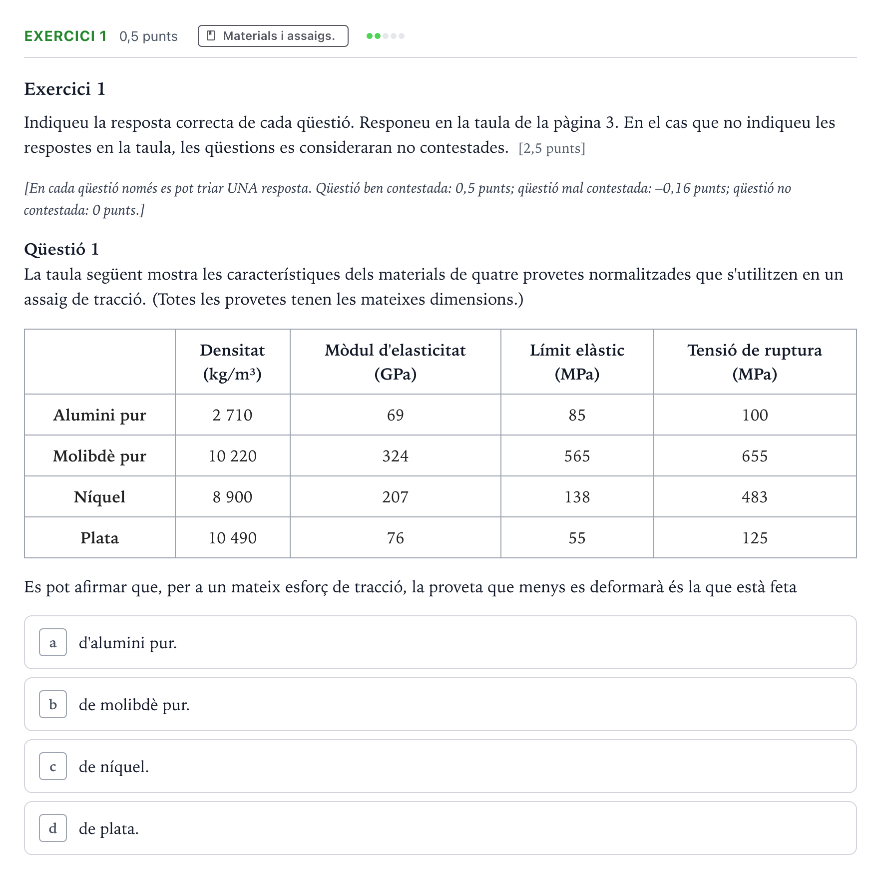 Enunciado: Exercici 1 - Materials i assaigs · Tecnologia Industrial Selectividad Cataluña Setembre Serie 3 2022