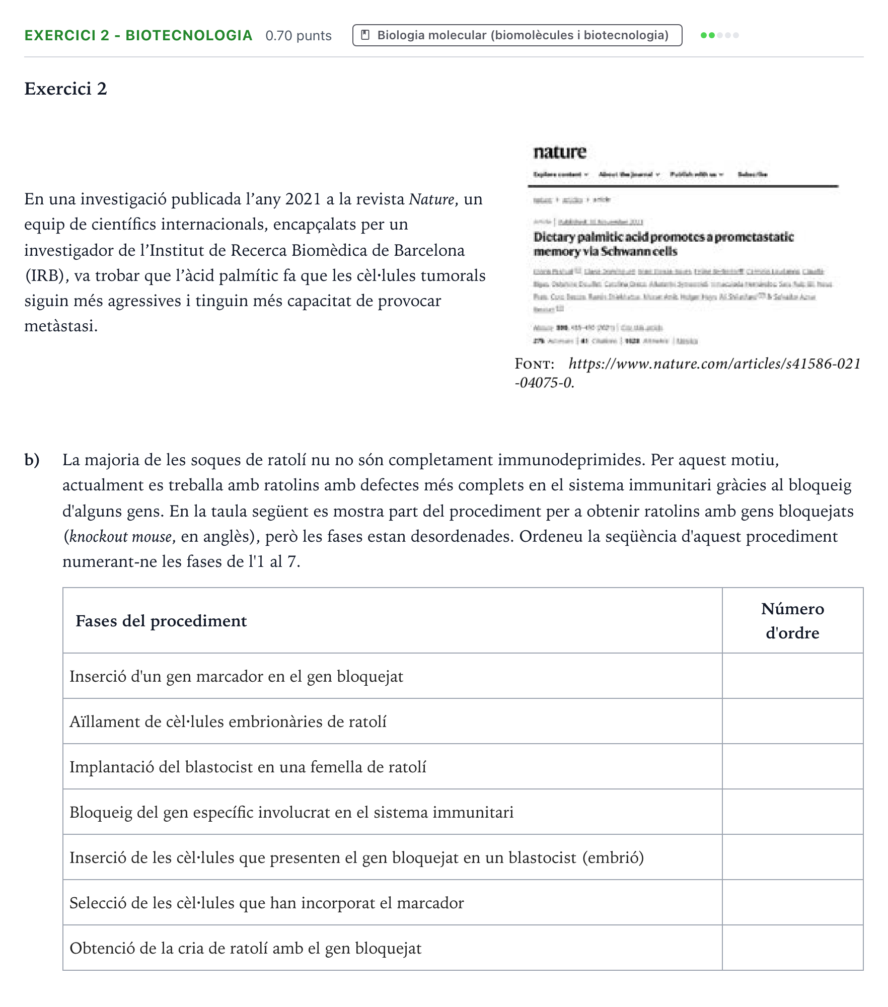 Enunciado: Exercici 2 - Biotecnologia · Biología Selectividad Cataluña Juny Serie 1 2023