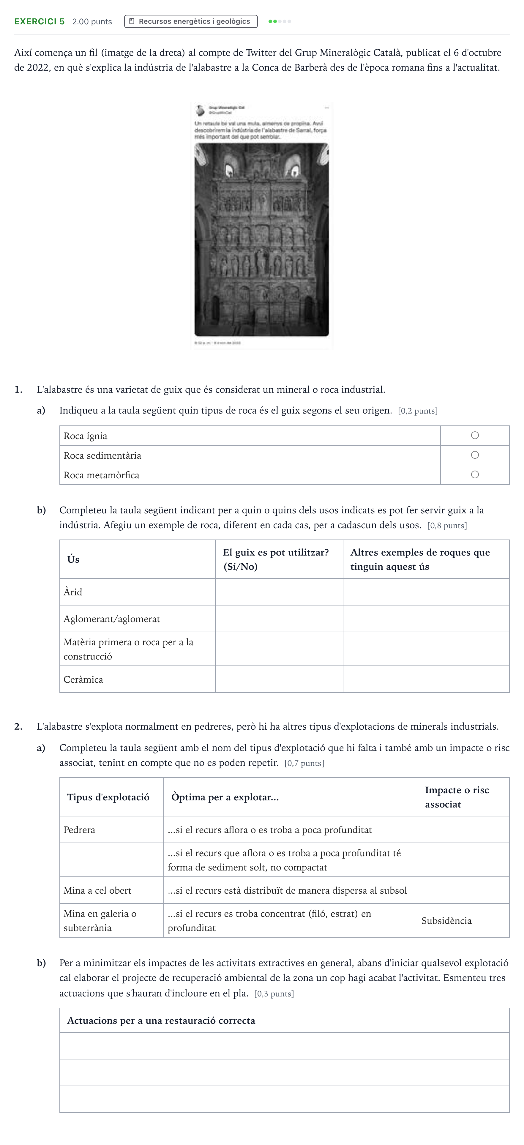 Enunciado: Exercici 5 · Ciencias de la Tierra y del Medio Ambiente Selectividad Cataluña Juny Serie 1 2023
