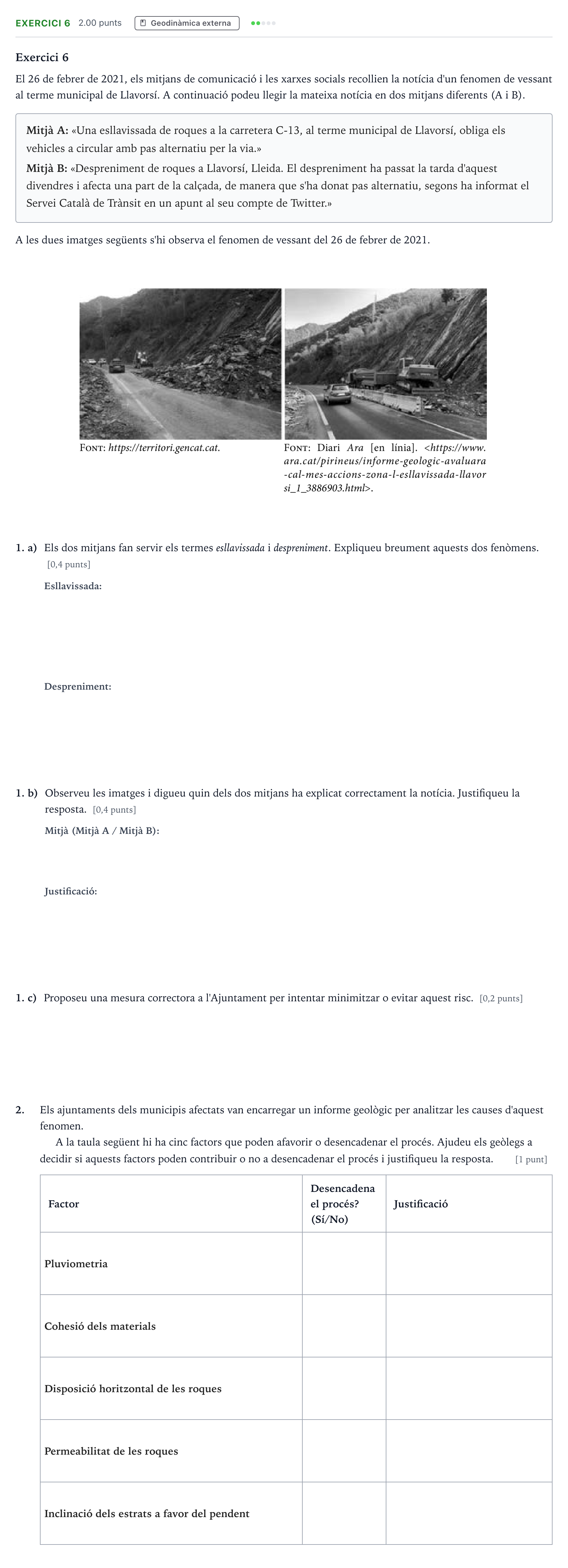 Enunciado: Exercici 6 · Ciencias de la Tierra y del Medio Ambiente Selectividad Cataluña Juny Serie 1 2023