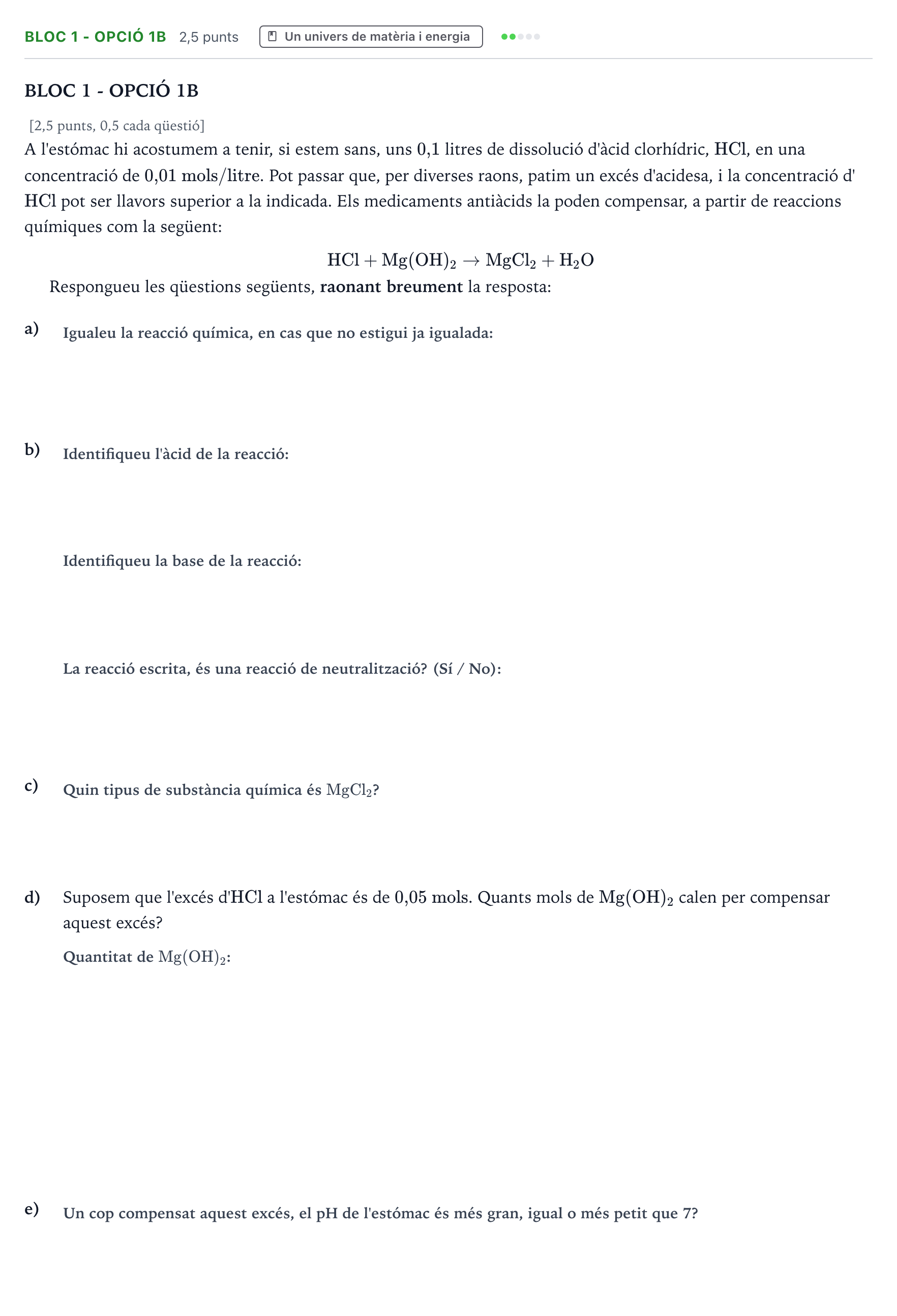 Enunciado: Ejercicio Bloc 1 - Opció 1B · Ciencias Generales Selectividad Cataluña Model 2023