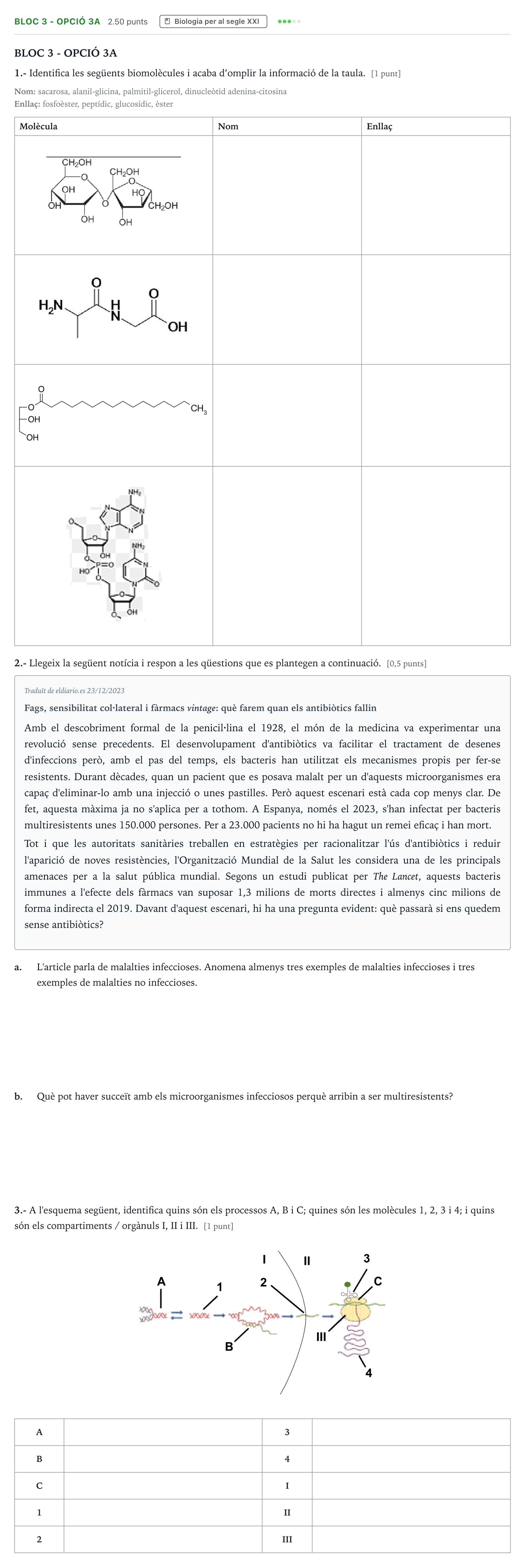 Enunciado: Ejercicio Bloc 3 - Opció 3A · Ciencias Generales Selectividad Cataluña Model 2023