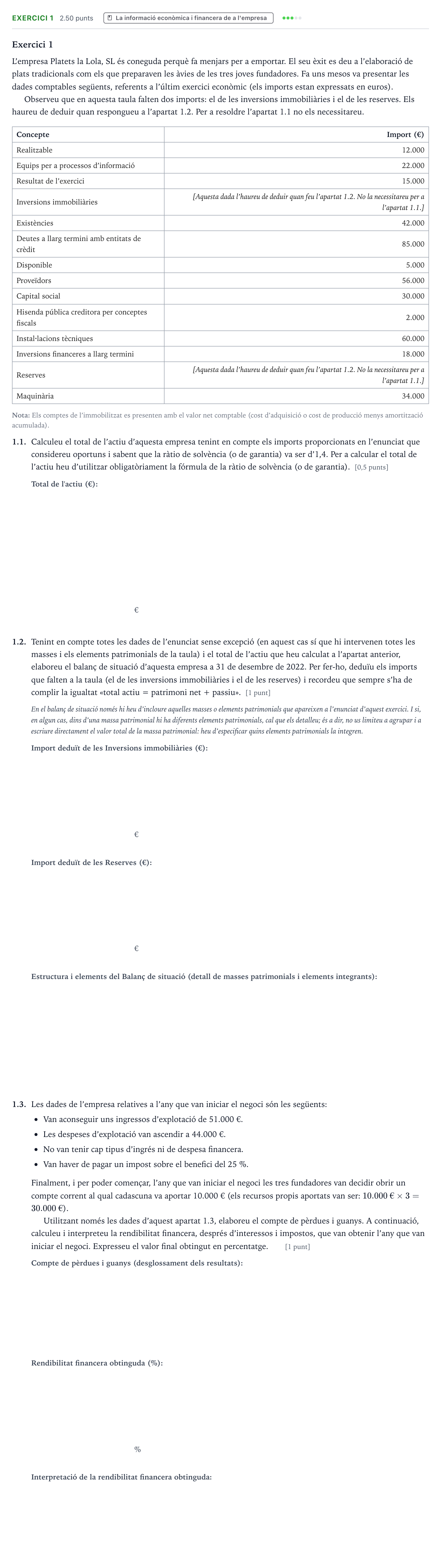 Enunciado: Exercici 1 · Economía de la Empresa Selectividad Cataluña Juny Serie 5 2023