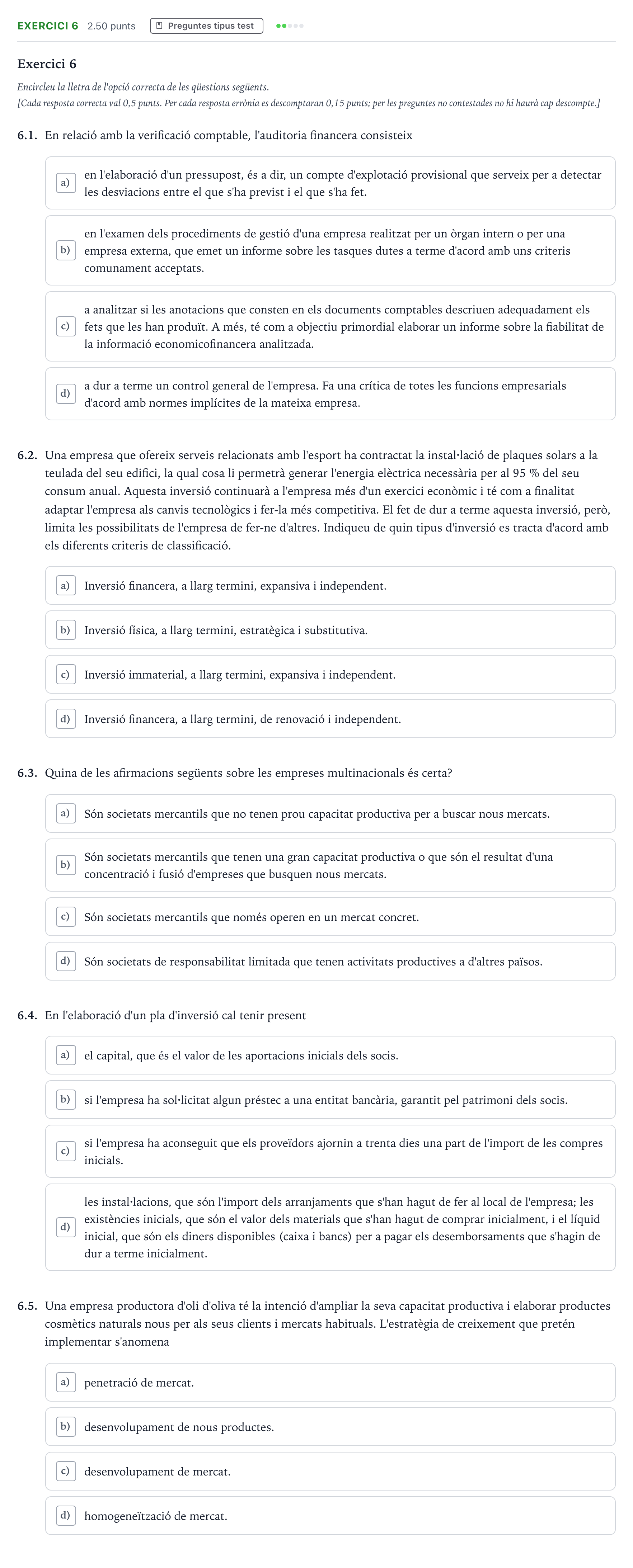 Enunciado: Exercici 6 · Economía de la Empresa Selectividad Cataluña Juny Serie 5 2023