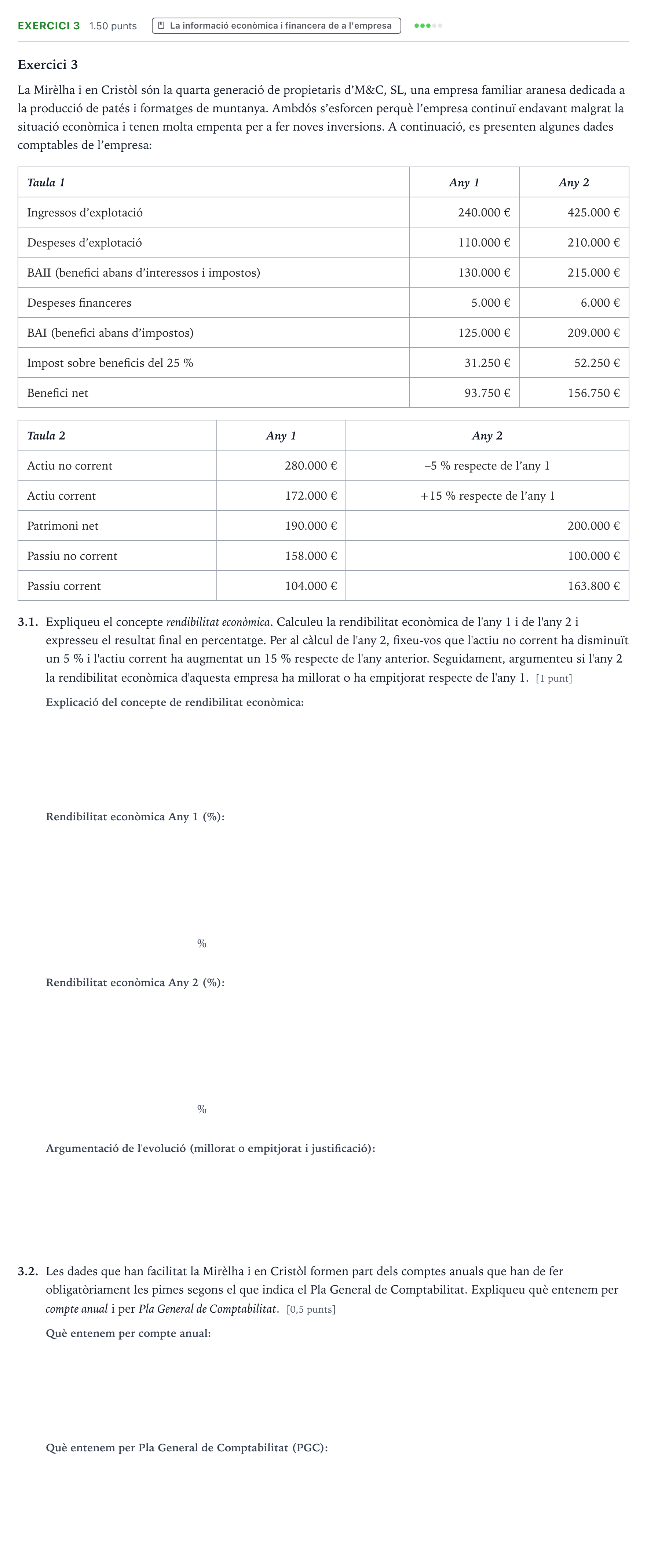 Enunciado: Exercici 3 - La informació econòmica i financera… · Economía de la Empresa Selectividad Cataluña Setembre Serie 2 2023
