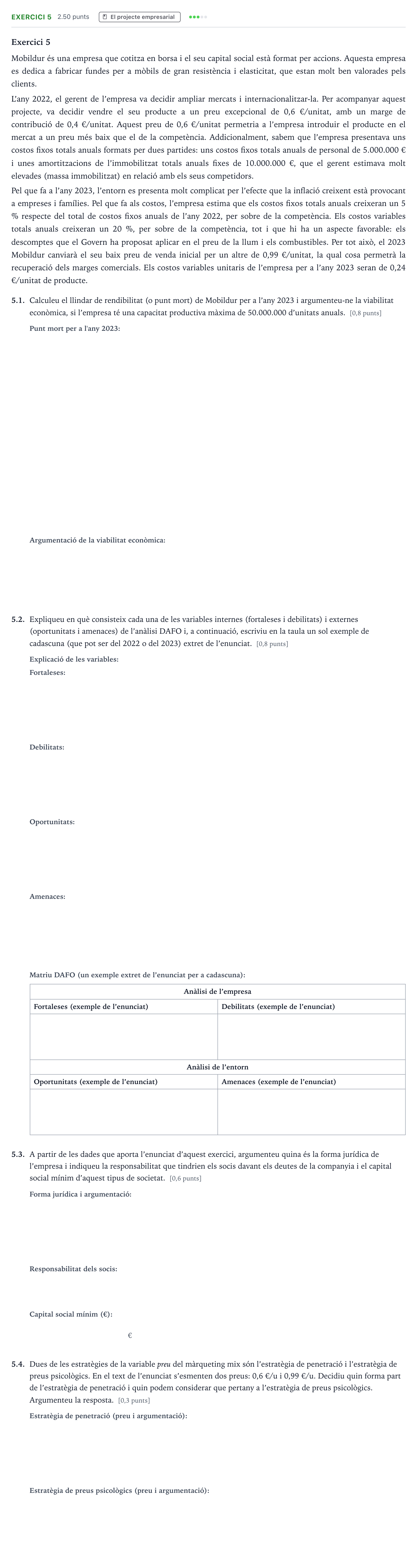 Enunciado: Exercici 5 · Economía de la Empresa Selectividad Cataluña Setembre Serie 2 2023