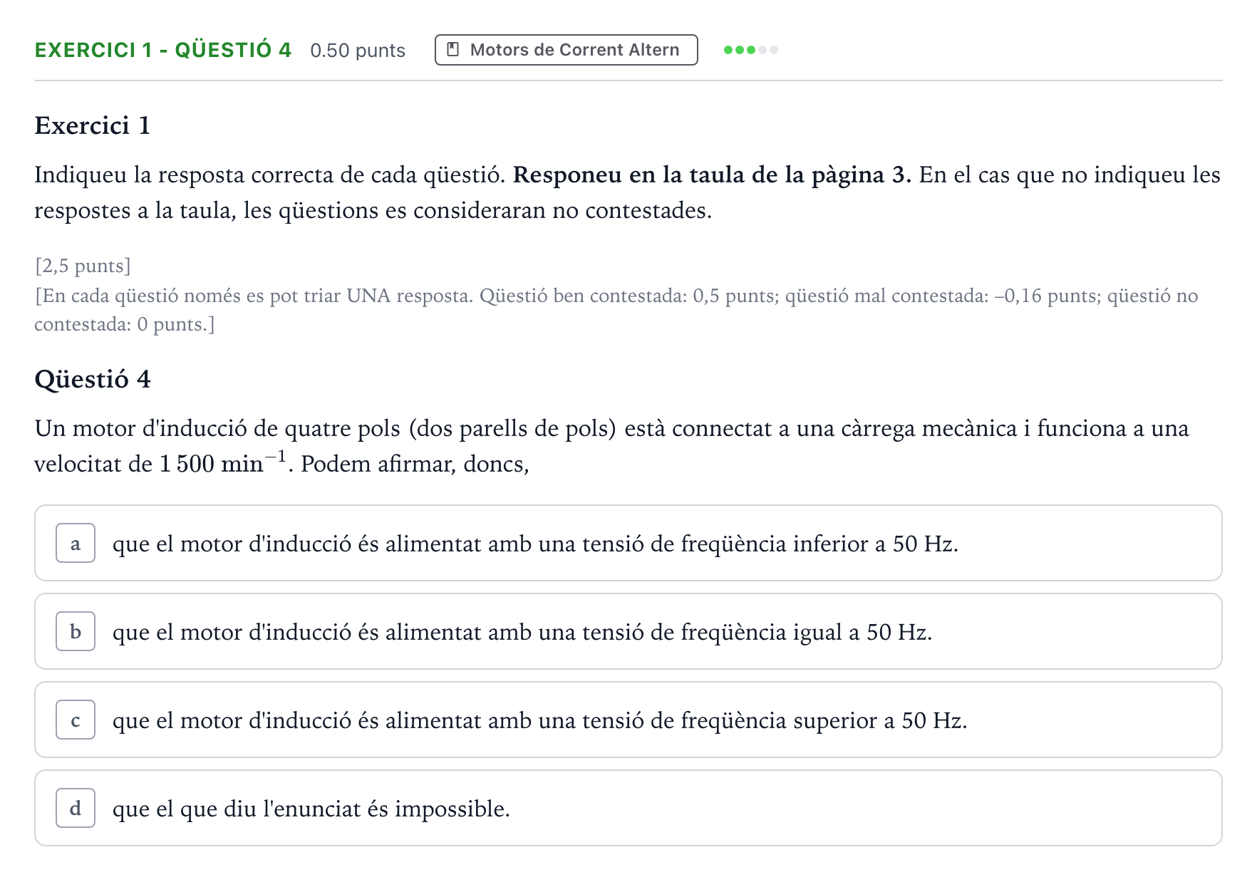Enunciado: Exercici 1 - Qüestió 4 · Electrotecnia Selectividad Cataluña Setembre Serie 2 2023