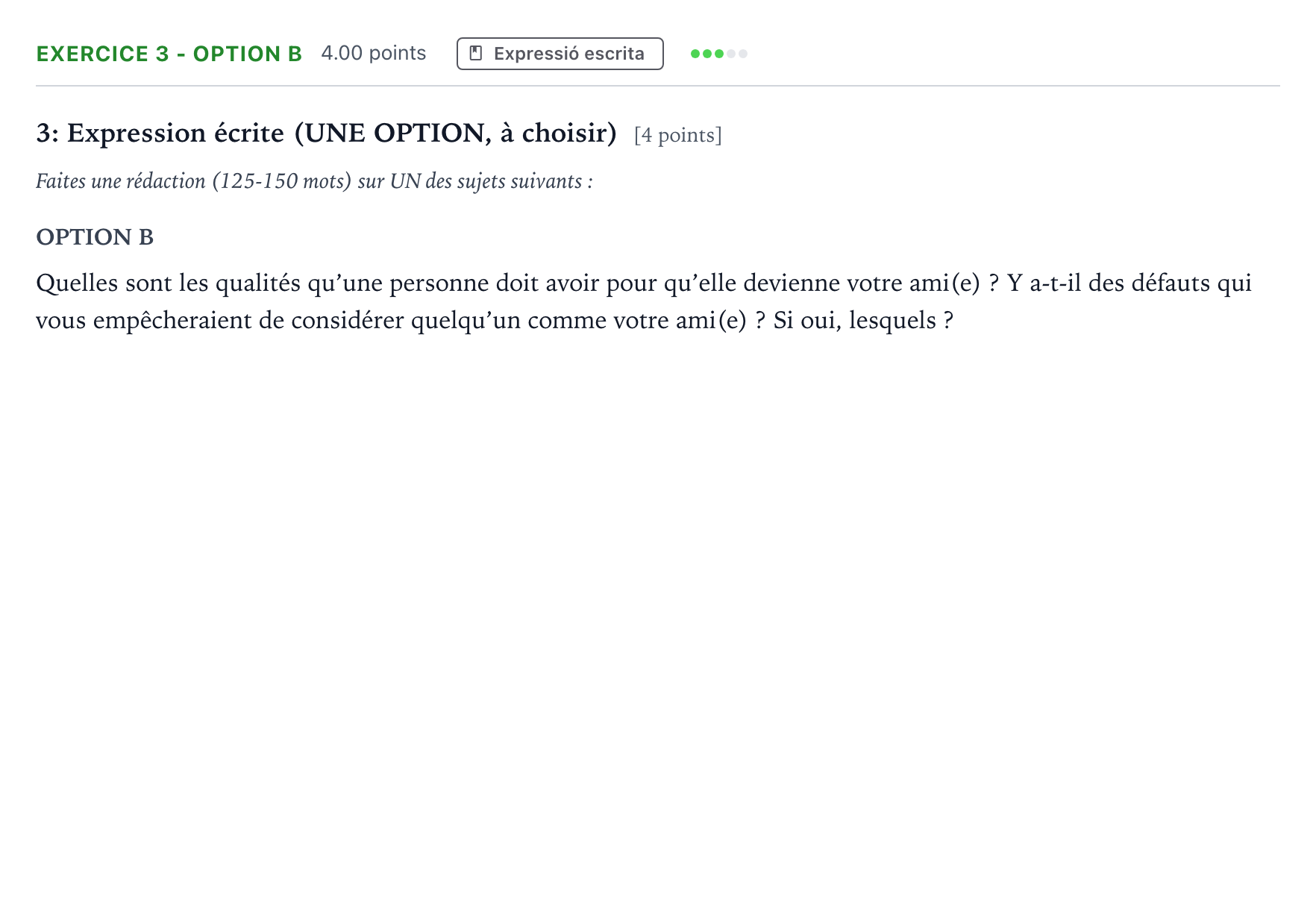 Enunciado: Ejercicio 3 - Option B · Francés Selectividad Cataluña Setembre Serie 2 2023