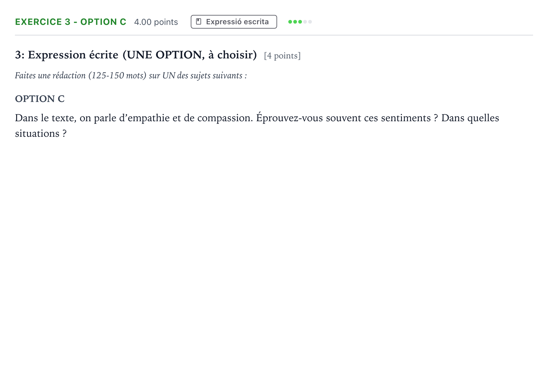 Enunciado: Ejercicio 3 - Option C · Francés Selectividad Cataluña Setembre Serie 2 2023
