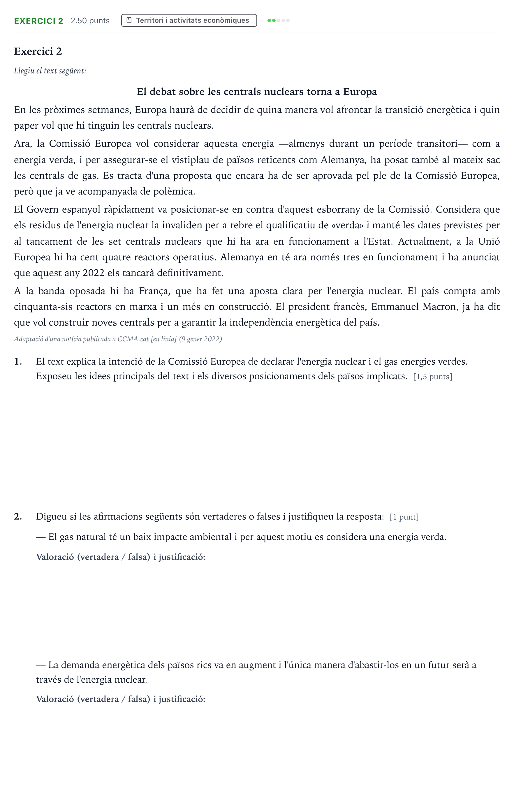 Enunciado: Exercici 2 · Geografía Selectividad Cataluña Setembre Serie 2 2023
