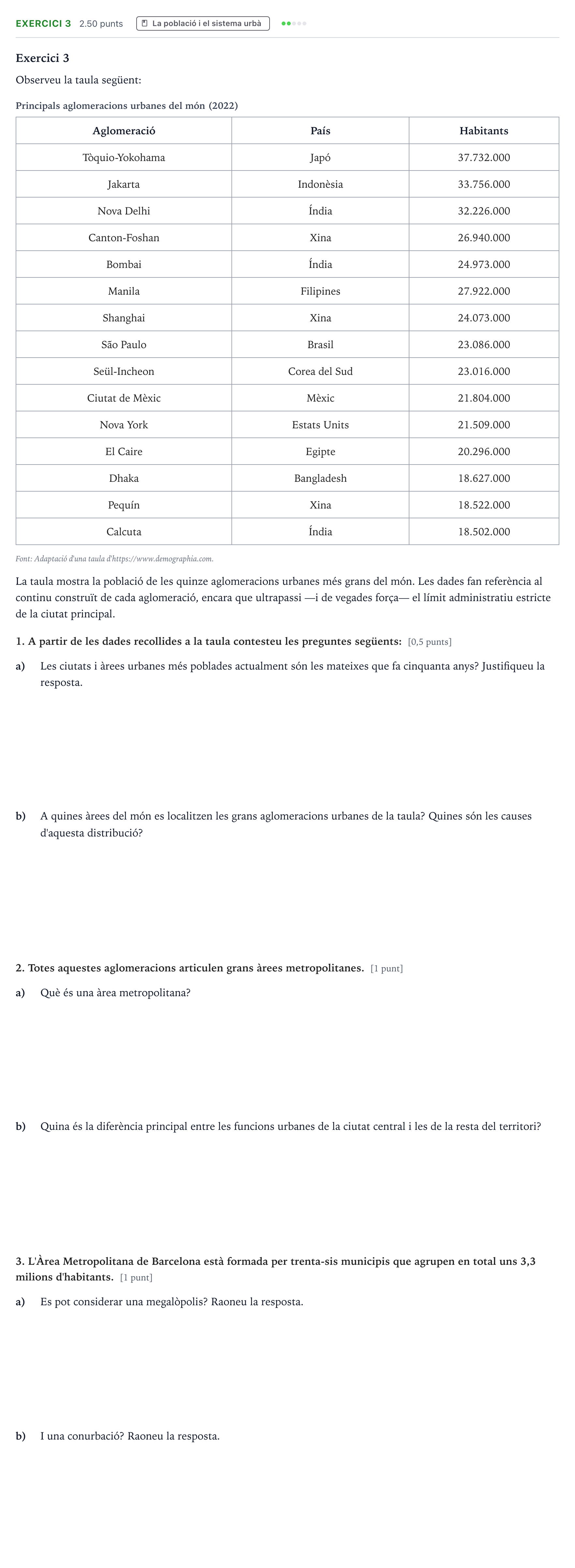 Enunciado: Exercici 3 · Geografía Selectividad Cataluña Setembre Serie 2 2023