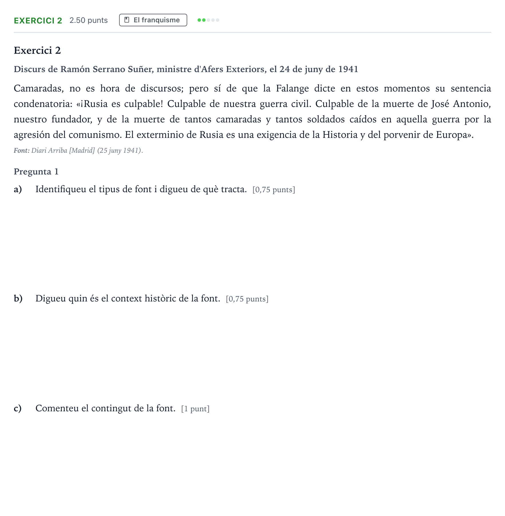 Enunciado: Exercici 2 · Historia de España Selectividad Cataluña Juny Serie 1 2023