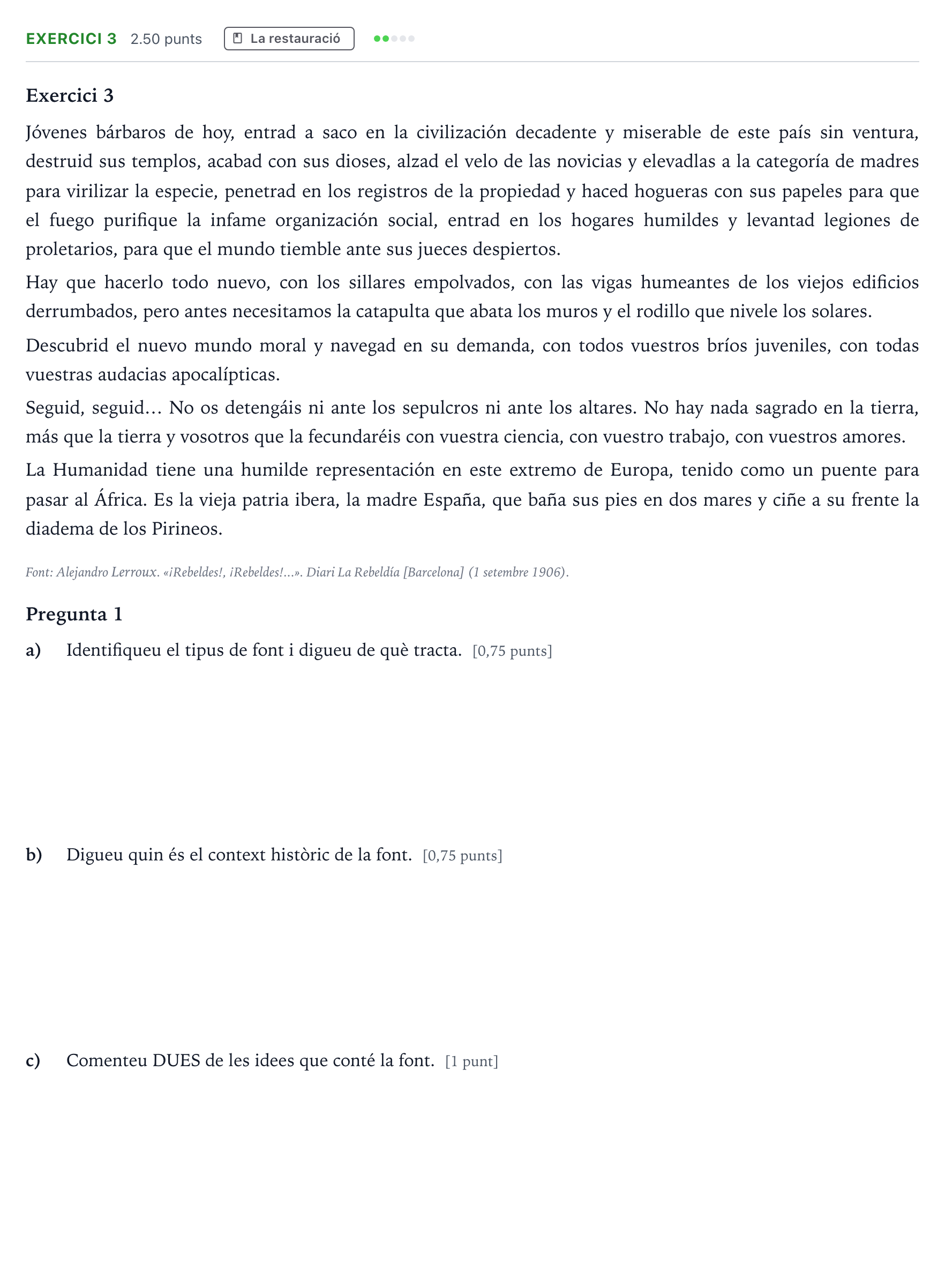 Enunciado: Exercici 3 · Historia de España Selectividad Cataluña Juny Serie 1 2023