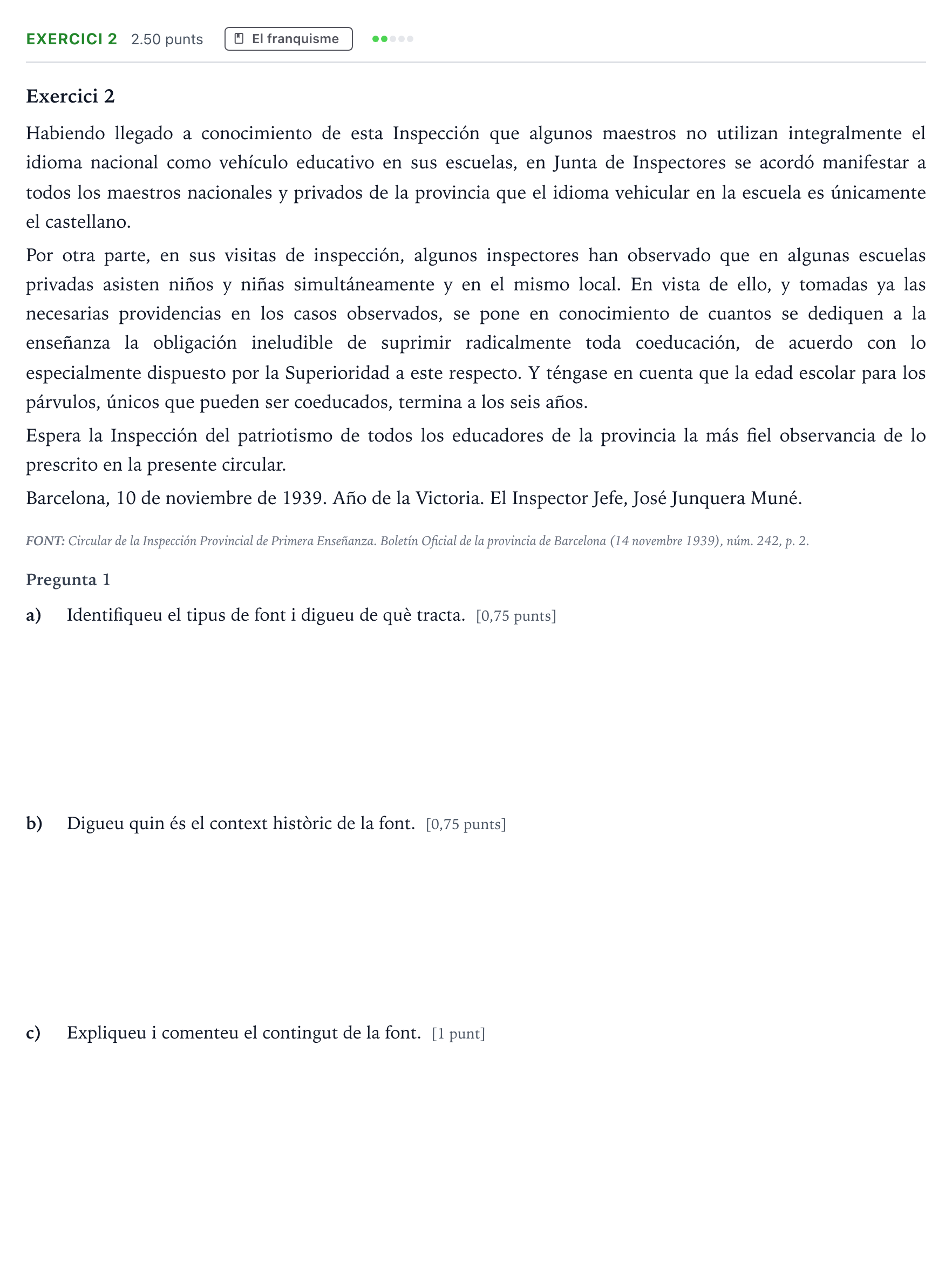 Enunciado: Exercici 2 · Historia de España Selectividad Cataluña Juny Serie 5 2023