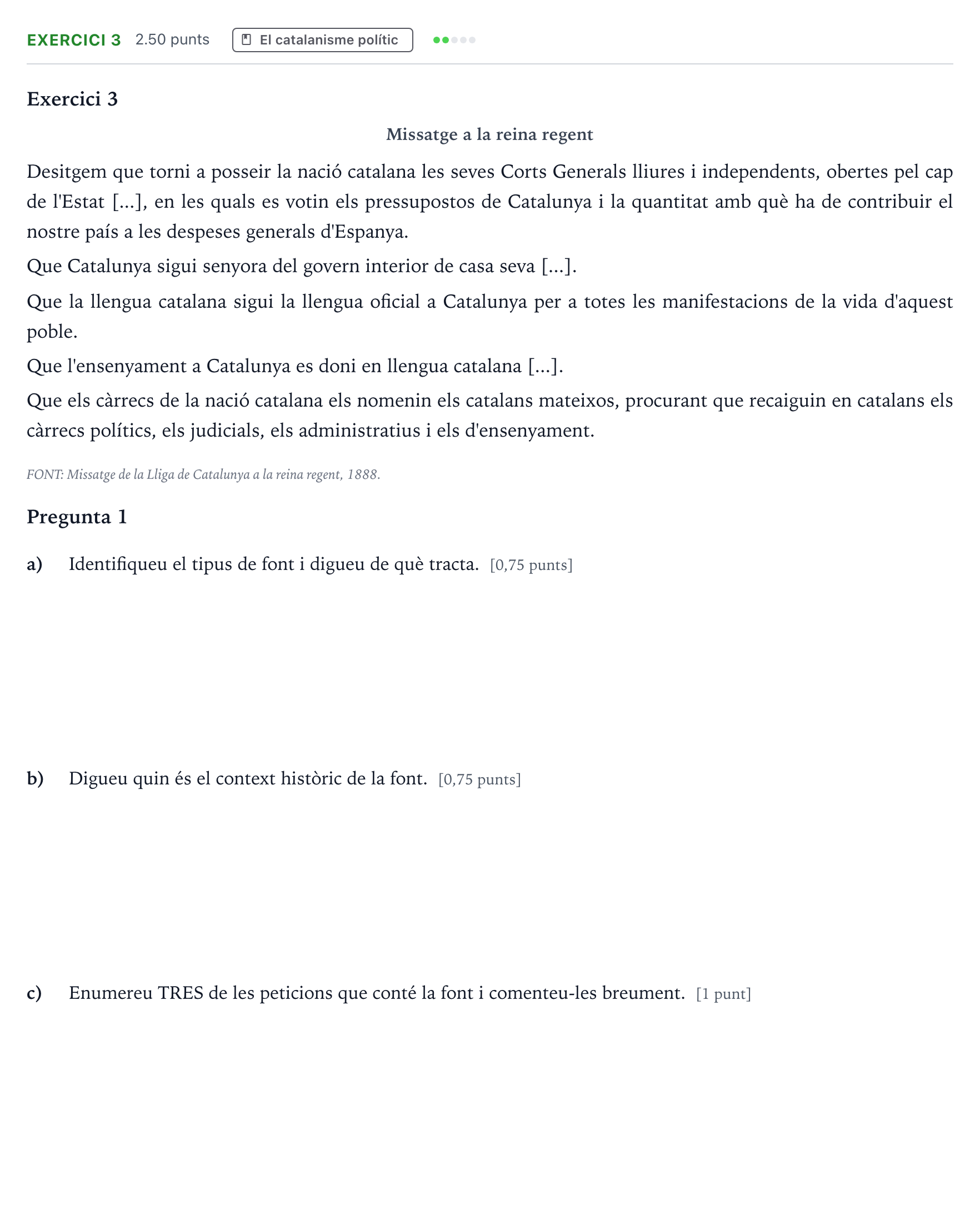 Enunciado: Exercici 3 · Historia de España Selectividad Cataluña Juny Serie 5 2023