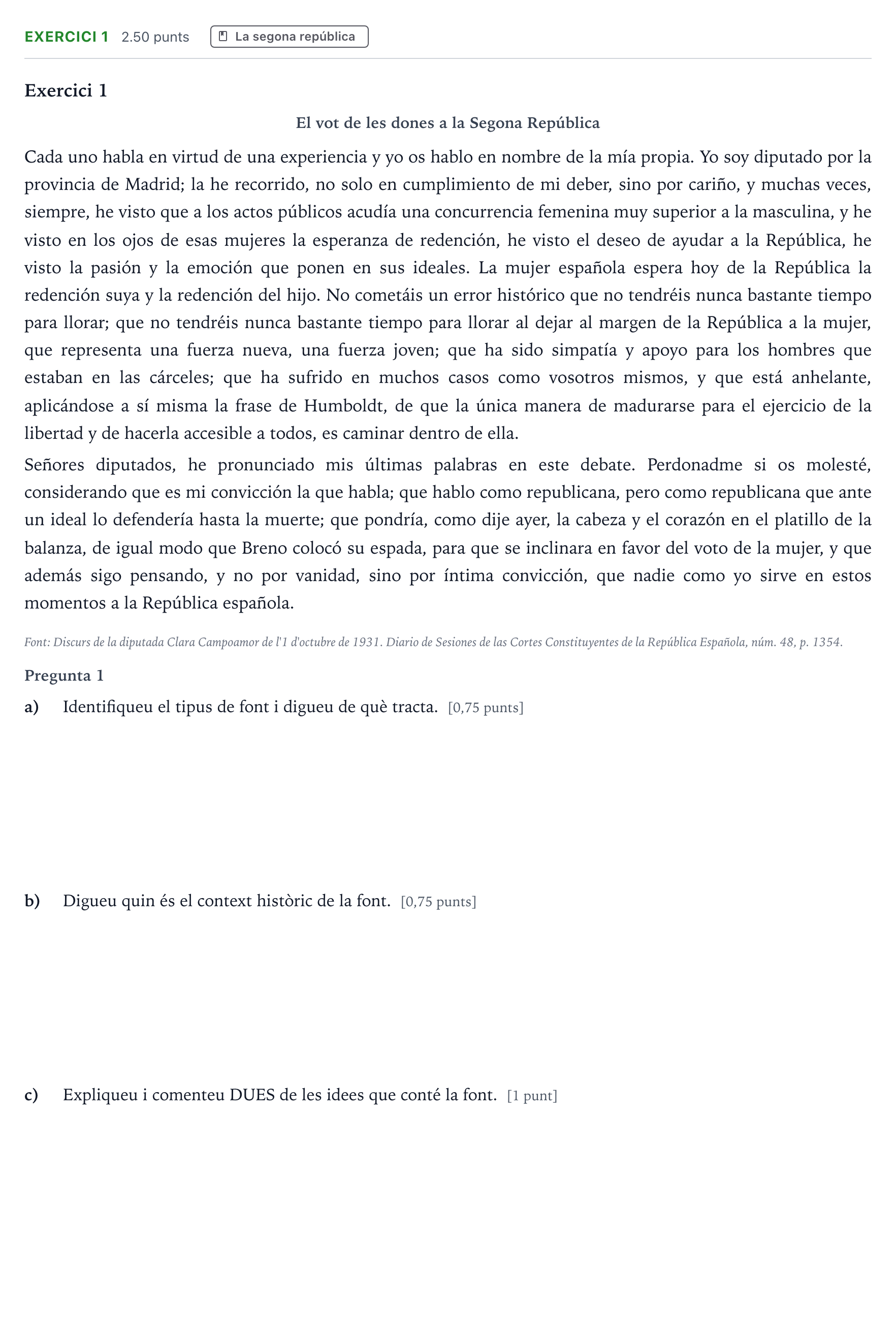 Enunciado: Exercici 1 · Historia de España Selectividad Cataluña Setembre Serie 2 2023