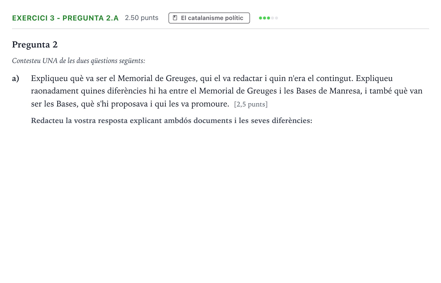 Enunciado: Exercici 3 - Pregunta 2.a · Historia de España Selectividad Cataluña Setembre Serie 2 2023
