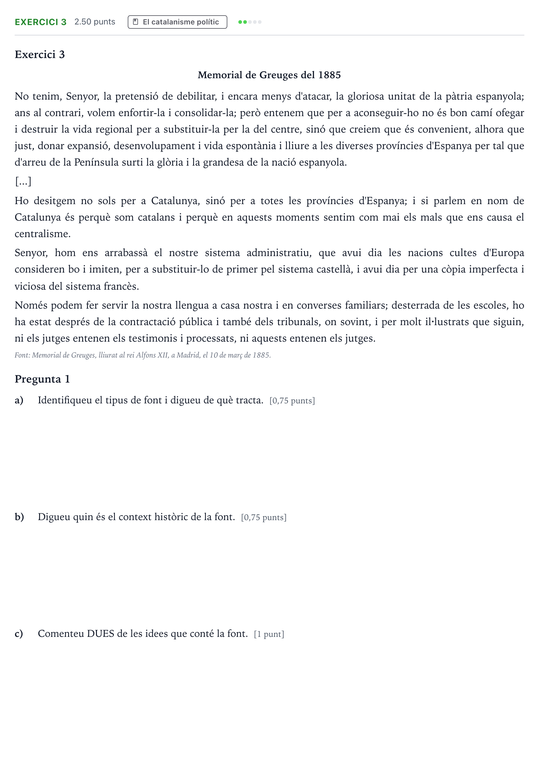 Enunciado: Exercici 3 · Historia de España Selectividad Cataluña Setembre Serie 2 2023