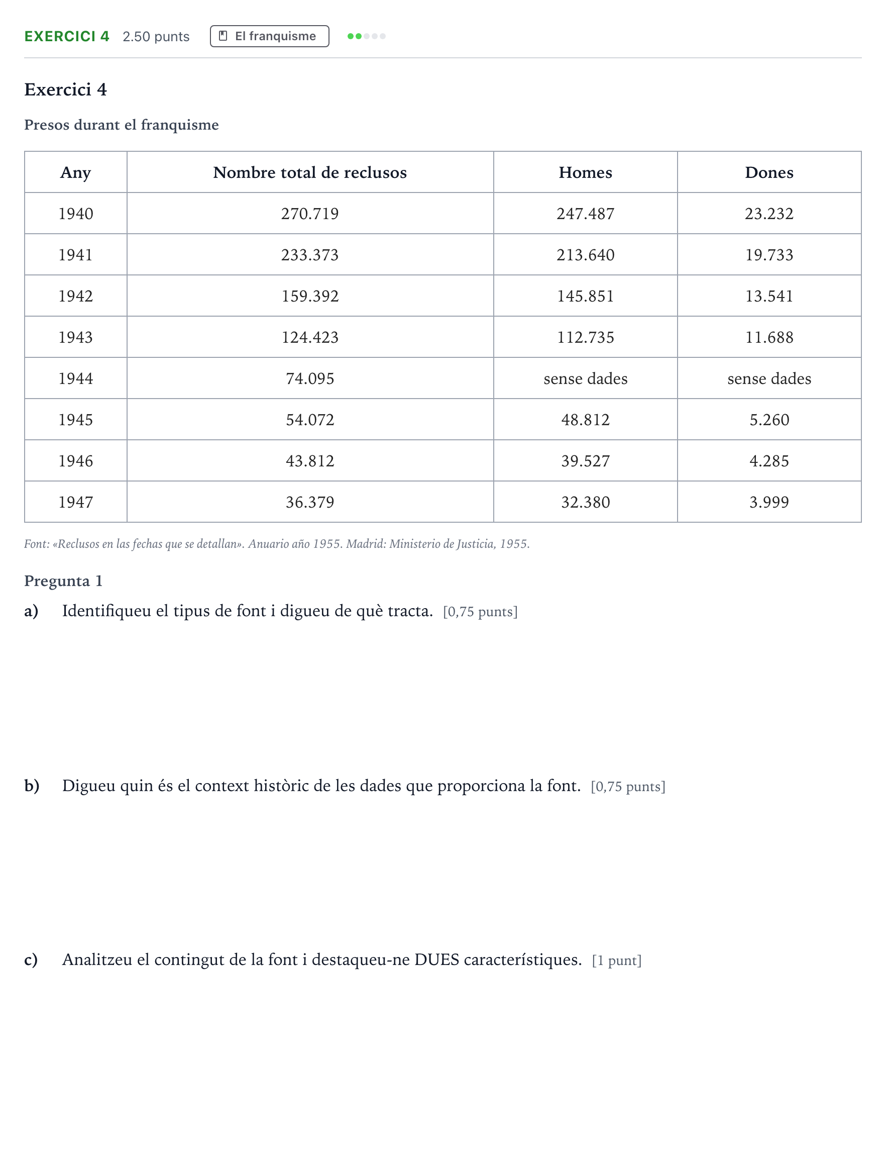 Enunciado: Exercici 4 · Historia de España Selectividad Cataluña Setembre Serie 2 2023