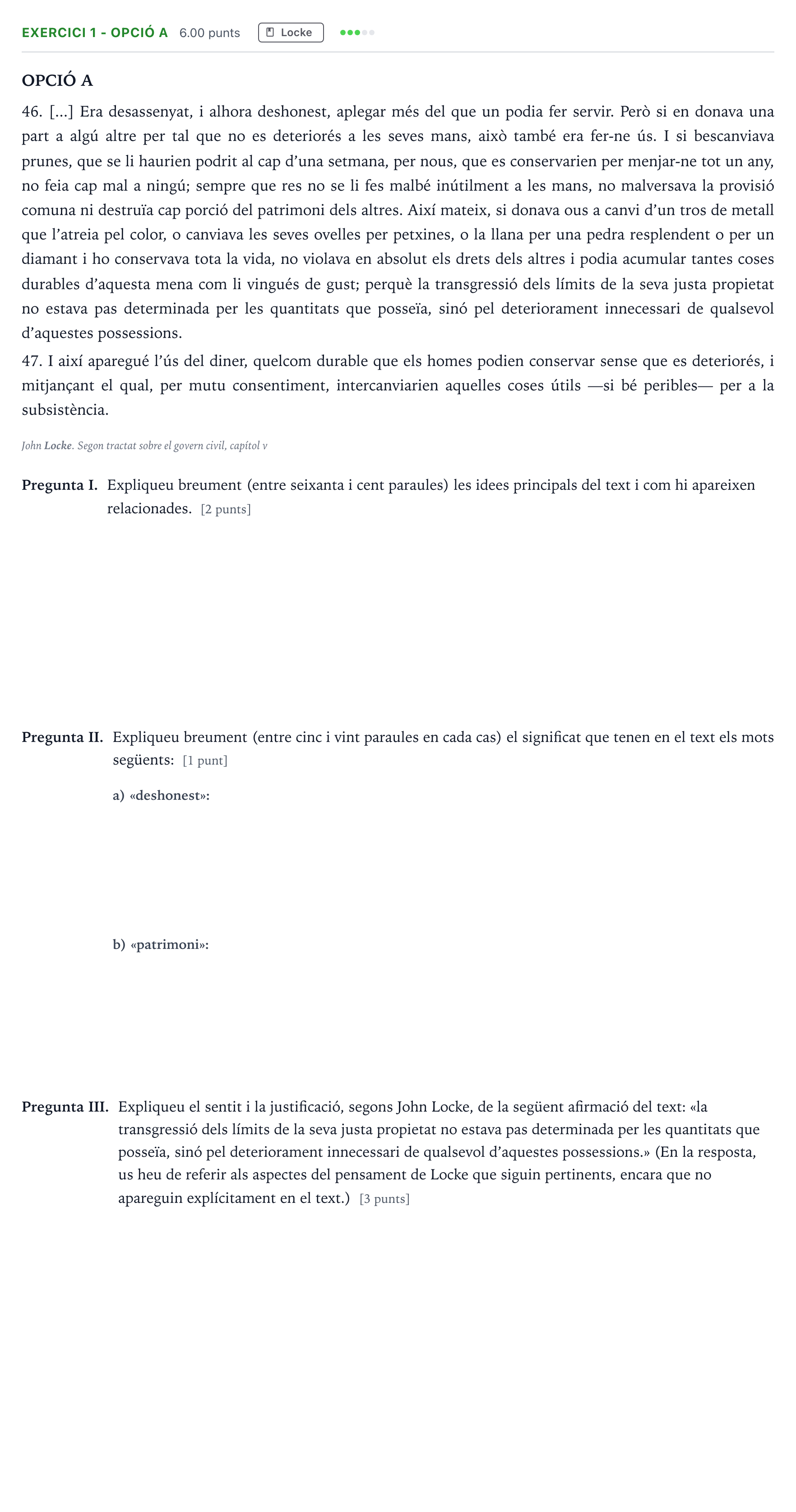 Enunciado: Exercici 1 - Opció A · Historia de la Filosofía Selectividad Cataluña Juny Serie 5 2023