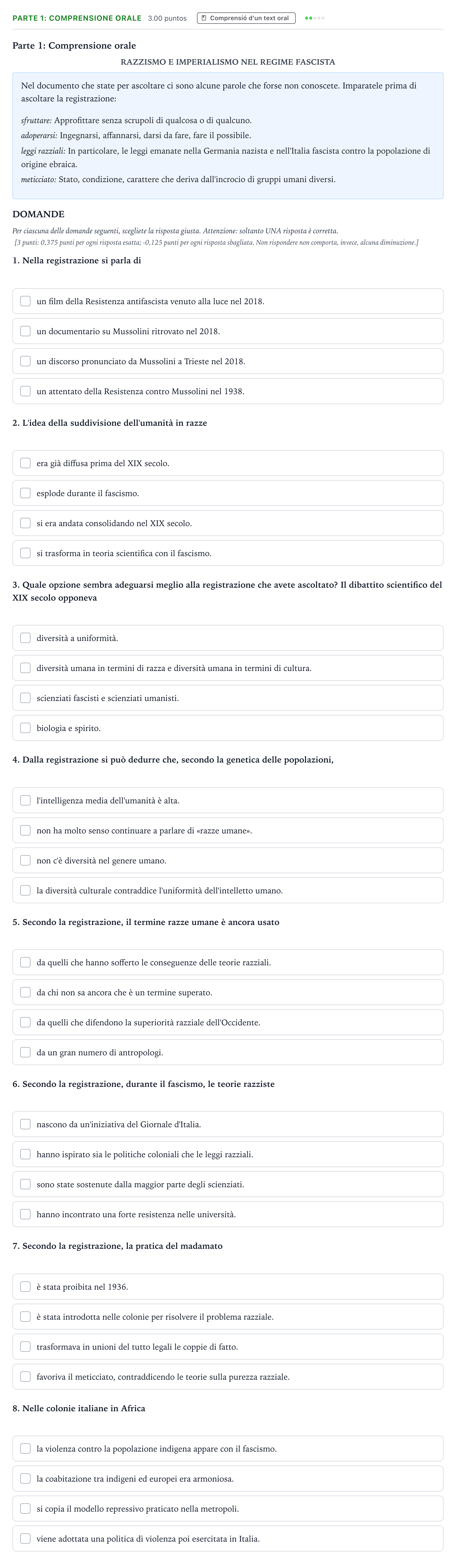 Enunciado: Ejercicio Parte 1: Comprensione orale · Italiano Selectividad Cataluña Juny Serie 1 2023