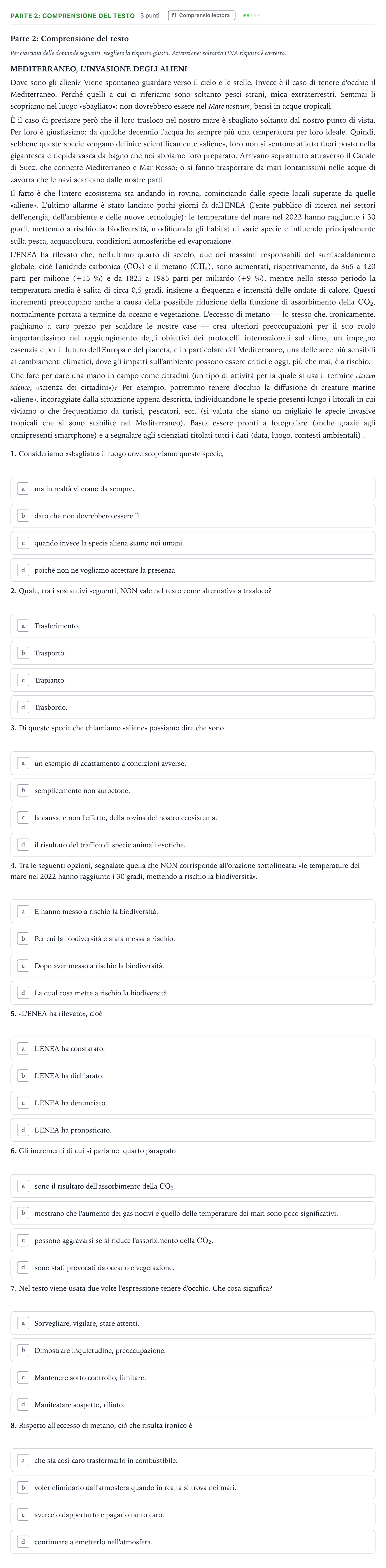 Enunciado: Ejercicio Parte 2: Comprensione del testo · Italiano Selectividad Cataluña Juny Serie 1 2023
